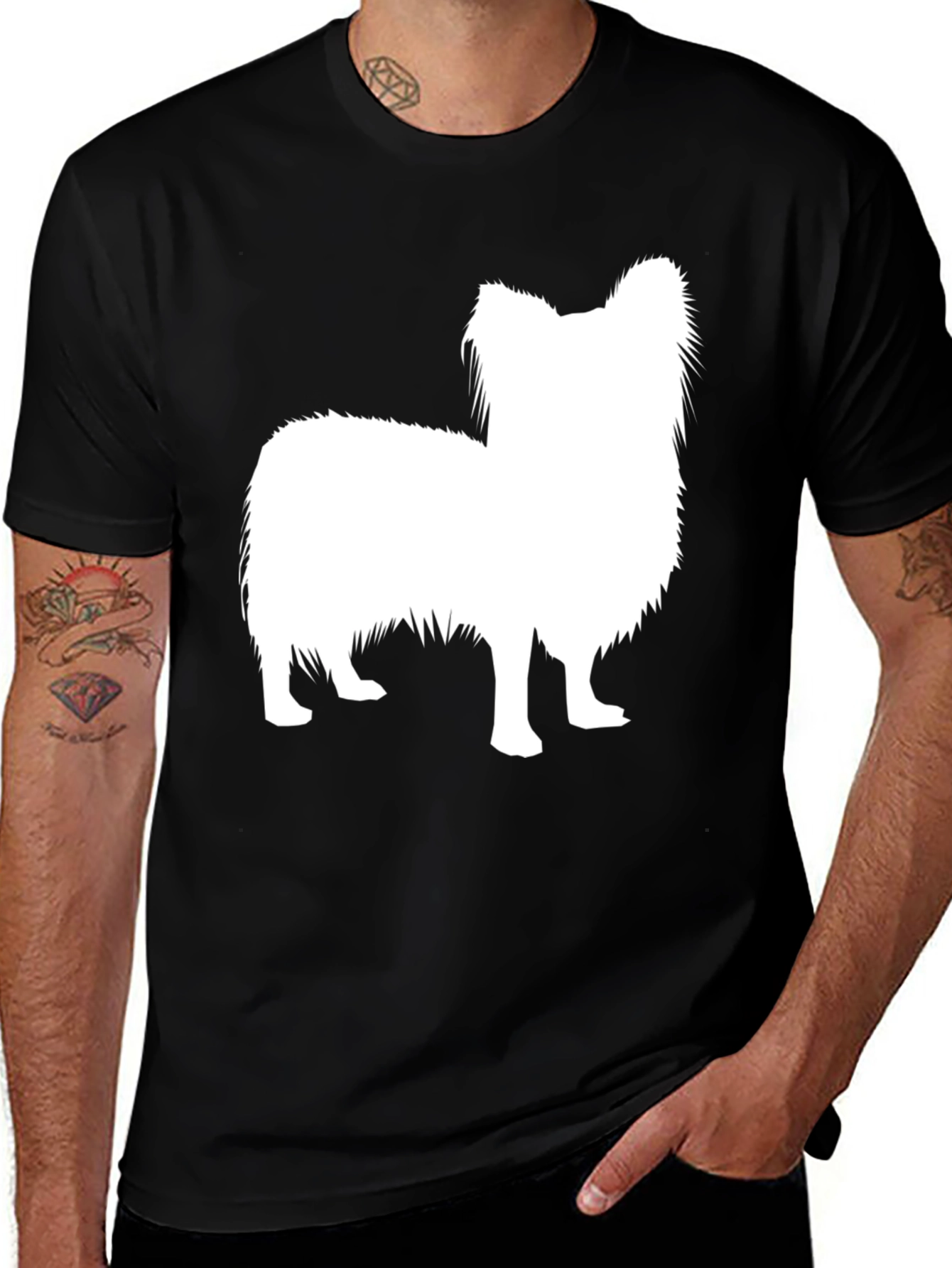 Variant 21 of Dog Silhouette Black T-Shirt - Papillon Breed Graphic Tee