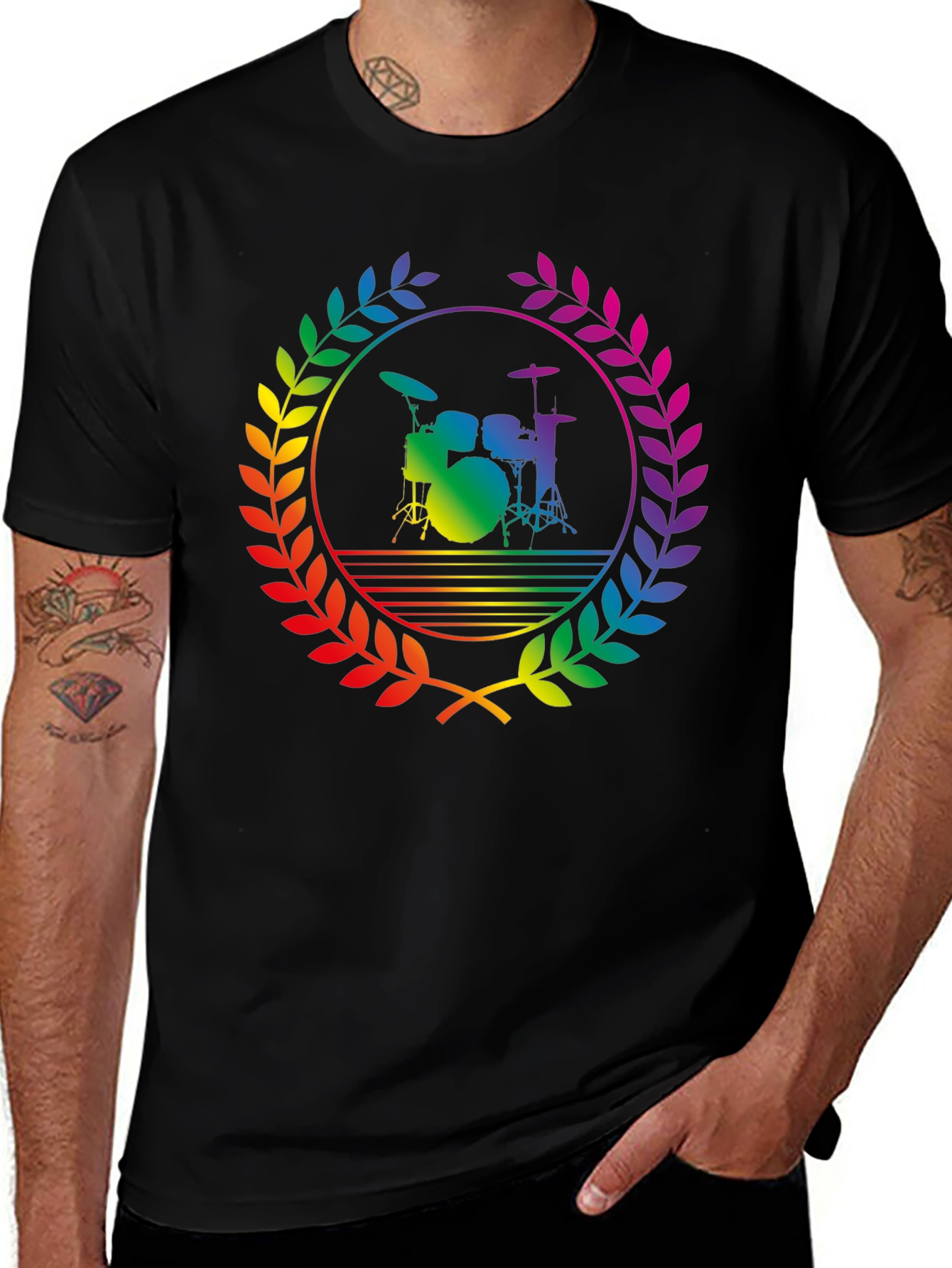 Variant 29 of Rainbow Drummer T-Shirt - Black Cotton Music Tee
