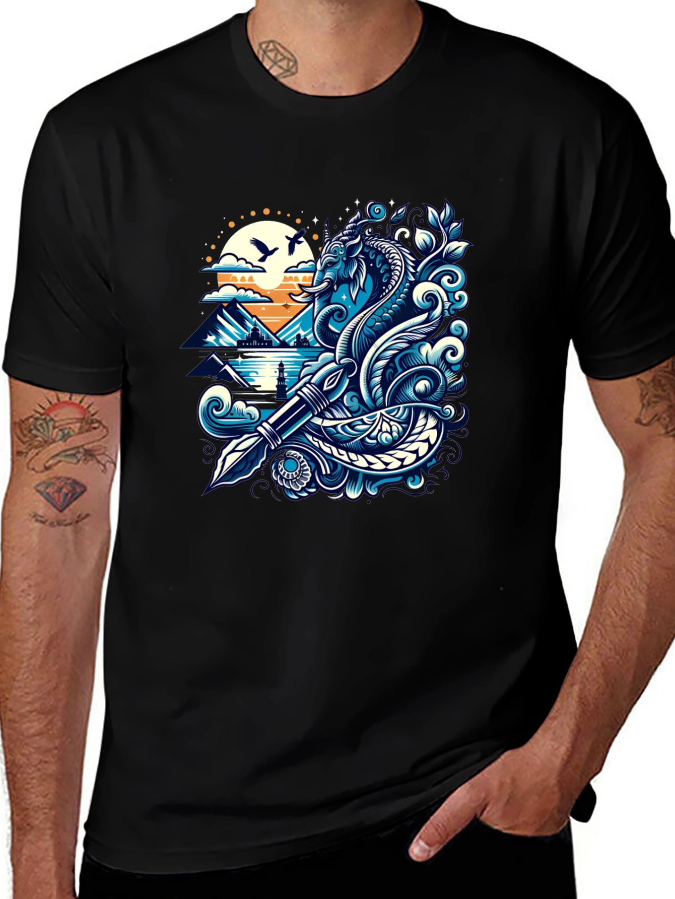 Variant 24 of Artistic Graphic Tee - Sea Serpent and Quill Design