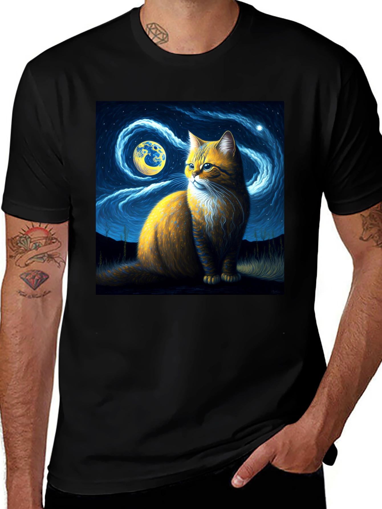 Variant 3 of Starry Night Cat Art Graphic Tee - Unisex Black T-Shirt