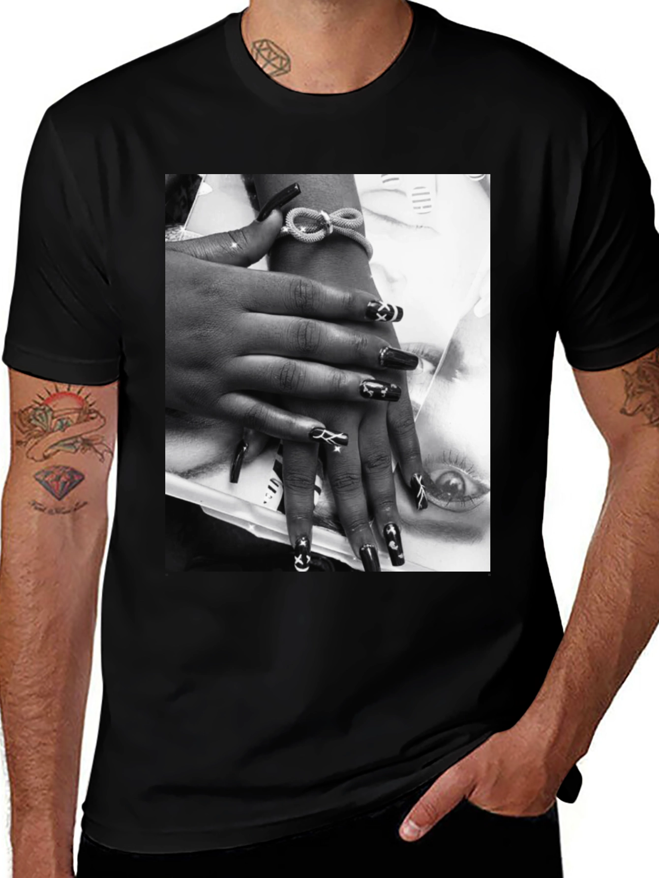 Variant 11 of Trendy Black T-Shirt with Edgy Nail Art Print