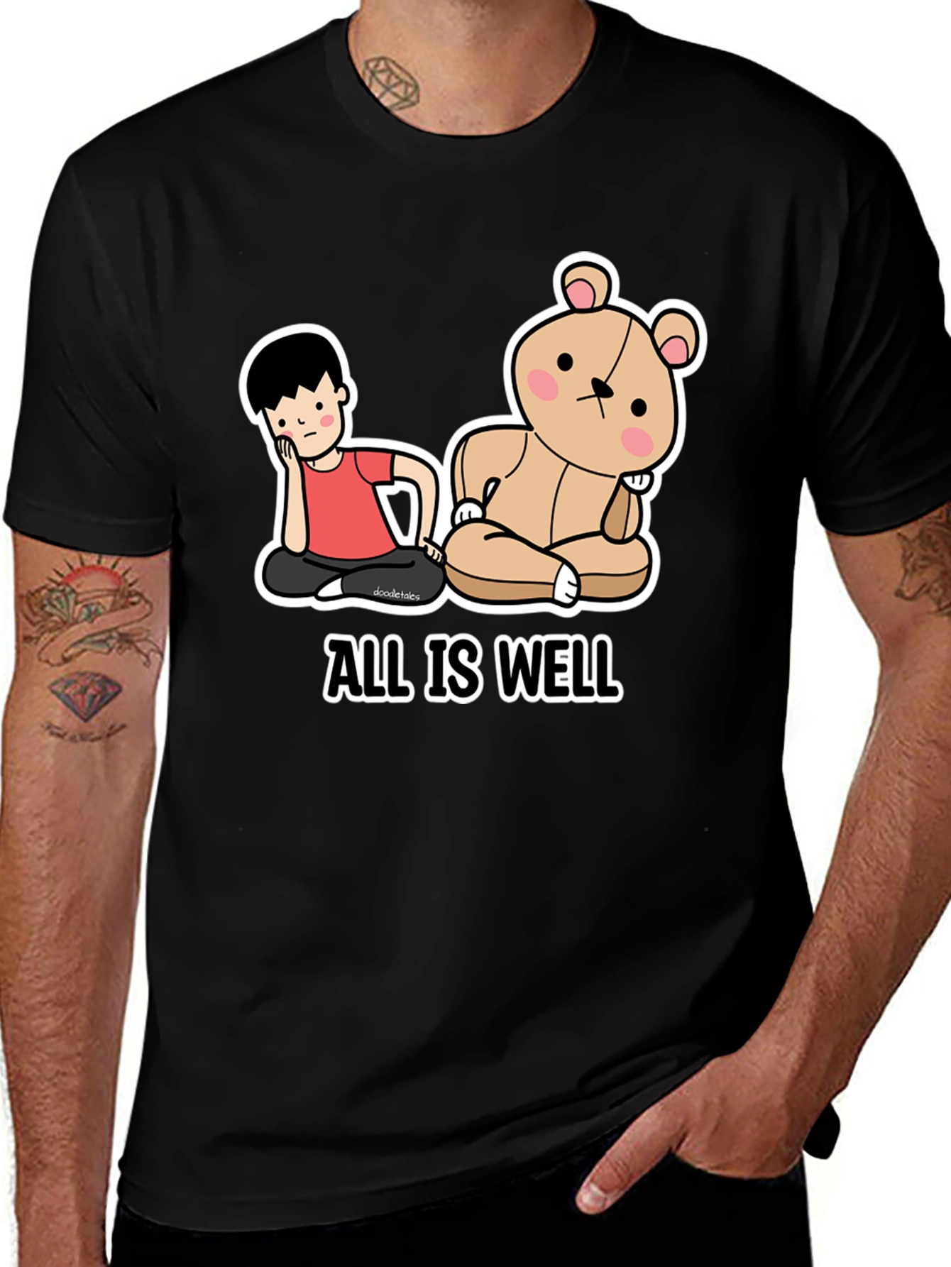 Black All Is Well T-Shirt: Cartoon Boy & Bear Meditating Graphic Tee main image