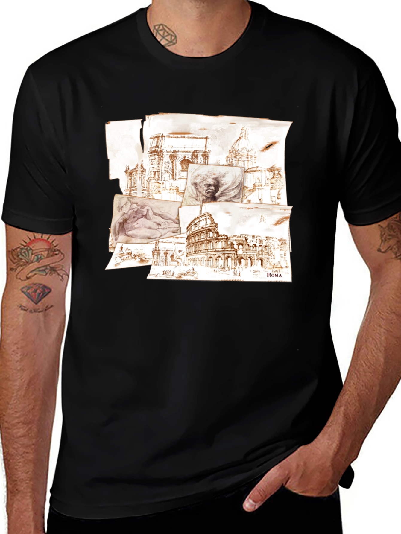 Variant 2 of Rome Sketch Collage Graphic Tee - Black Cotton Blend