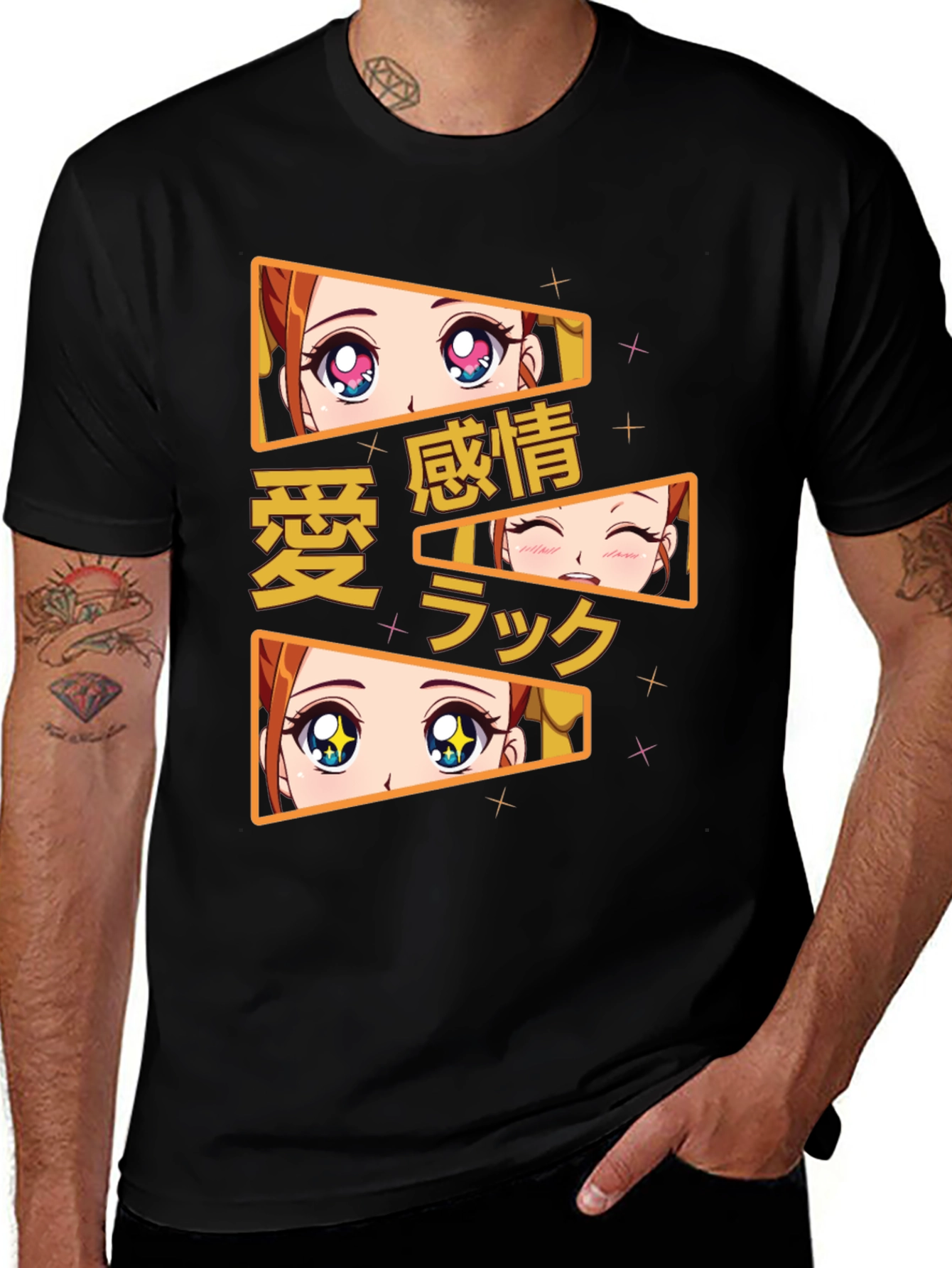 Anime Eyes Graphic Tee - Black Cotton T-Shirt