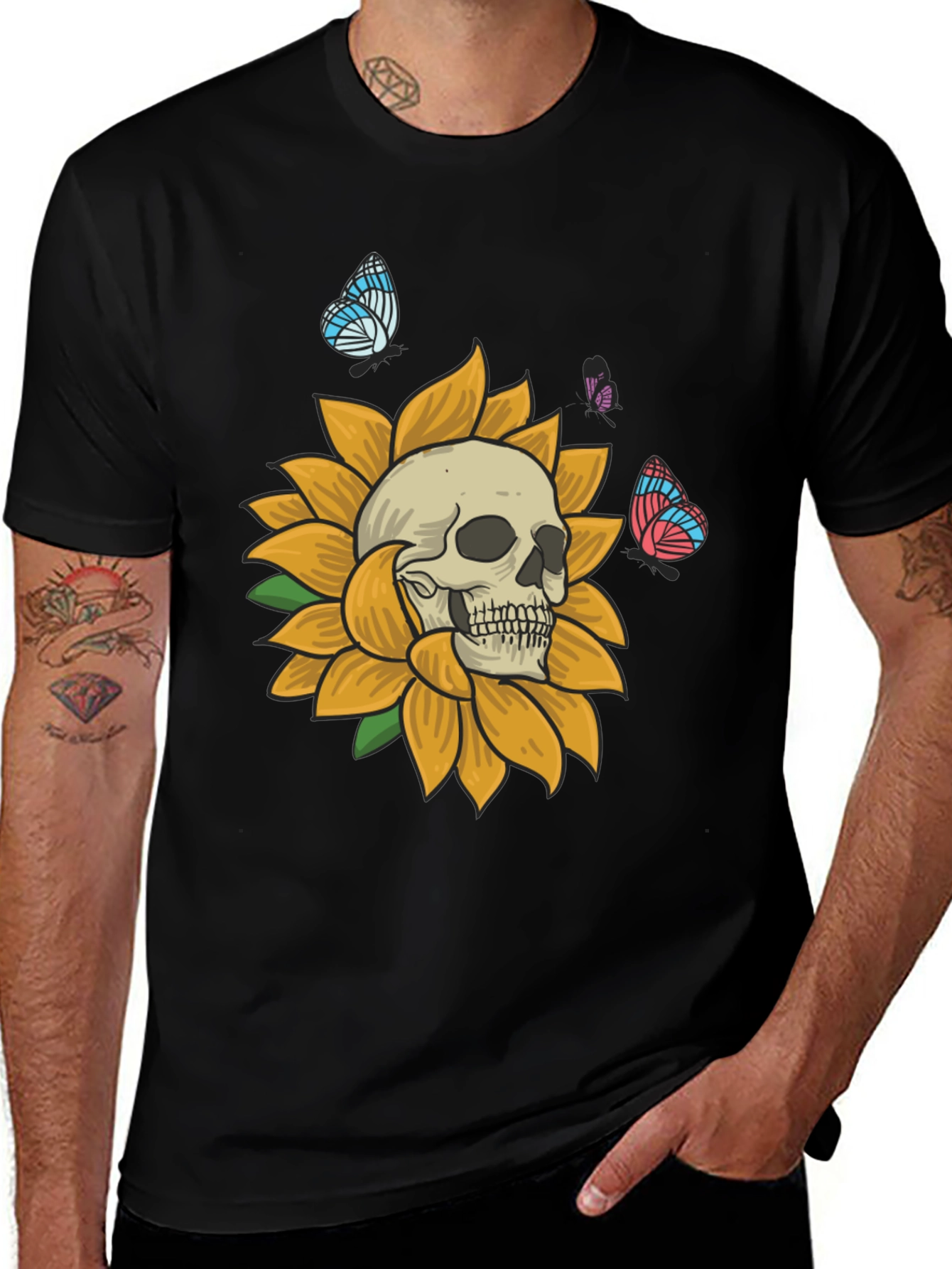 Variant 6 of Skull Sunflower Butterfly Graphic Black T-Shirt