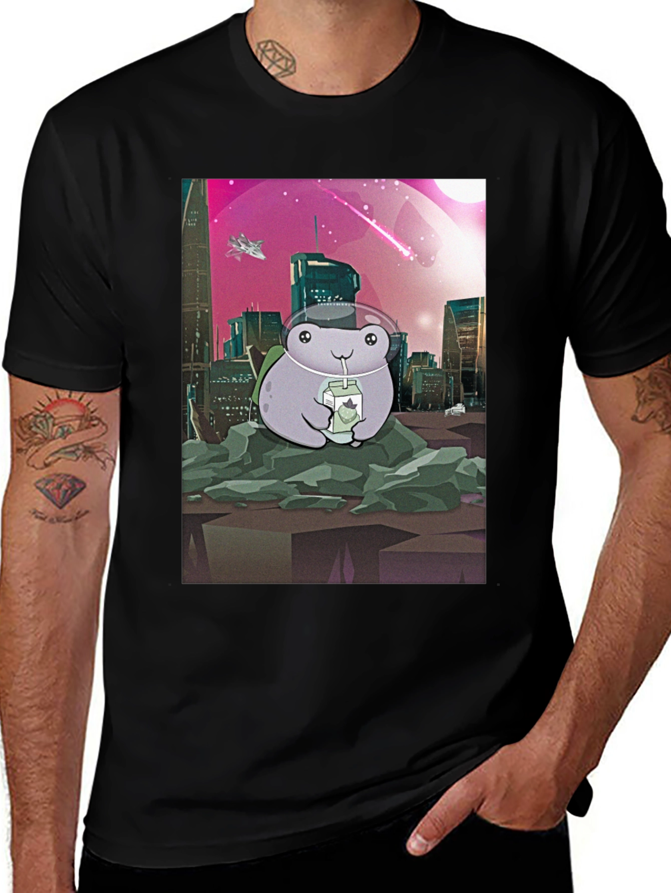 Variant 11 of Frog Astronaut T-Shirt - Sci-Fi Cityscape Design