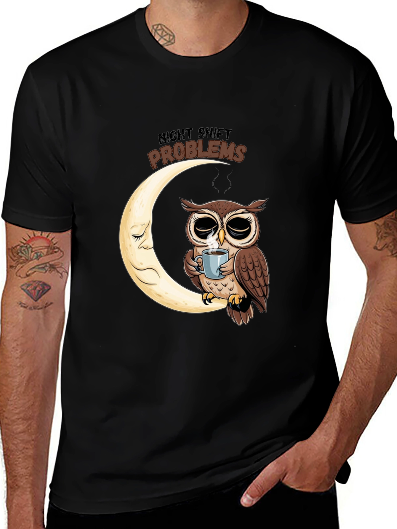 Variant 20 of Night Shift Owl T-Shirt - Coffee Moon Design