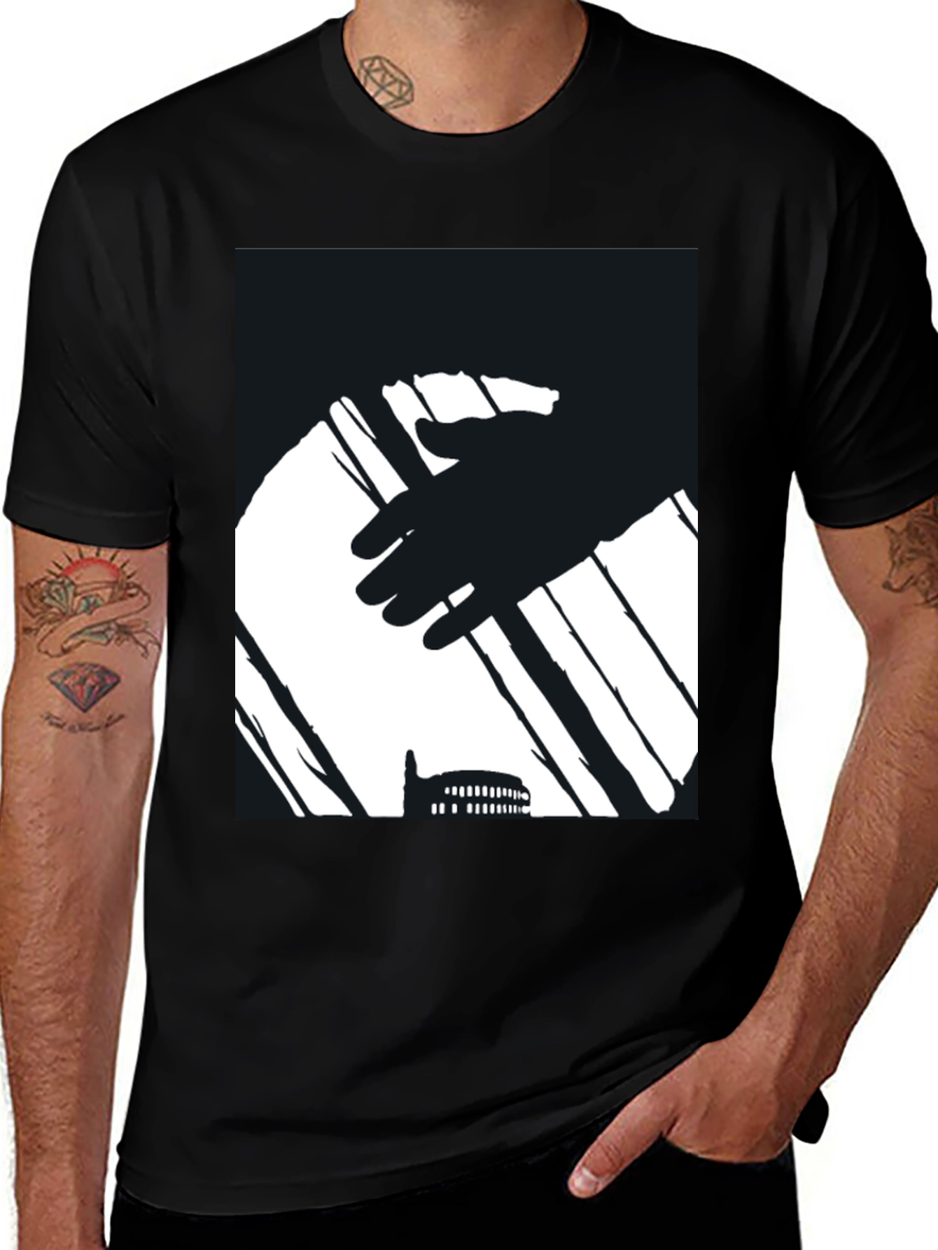 Variant 17 of Abstract Hand & Building Black T-Shirt