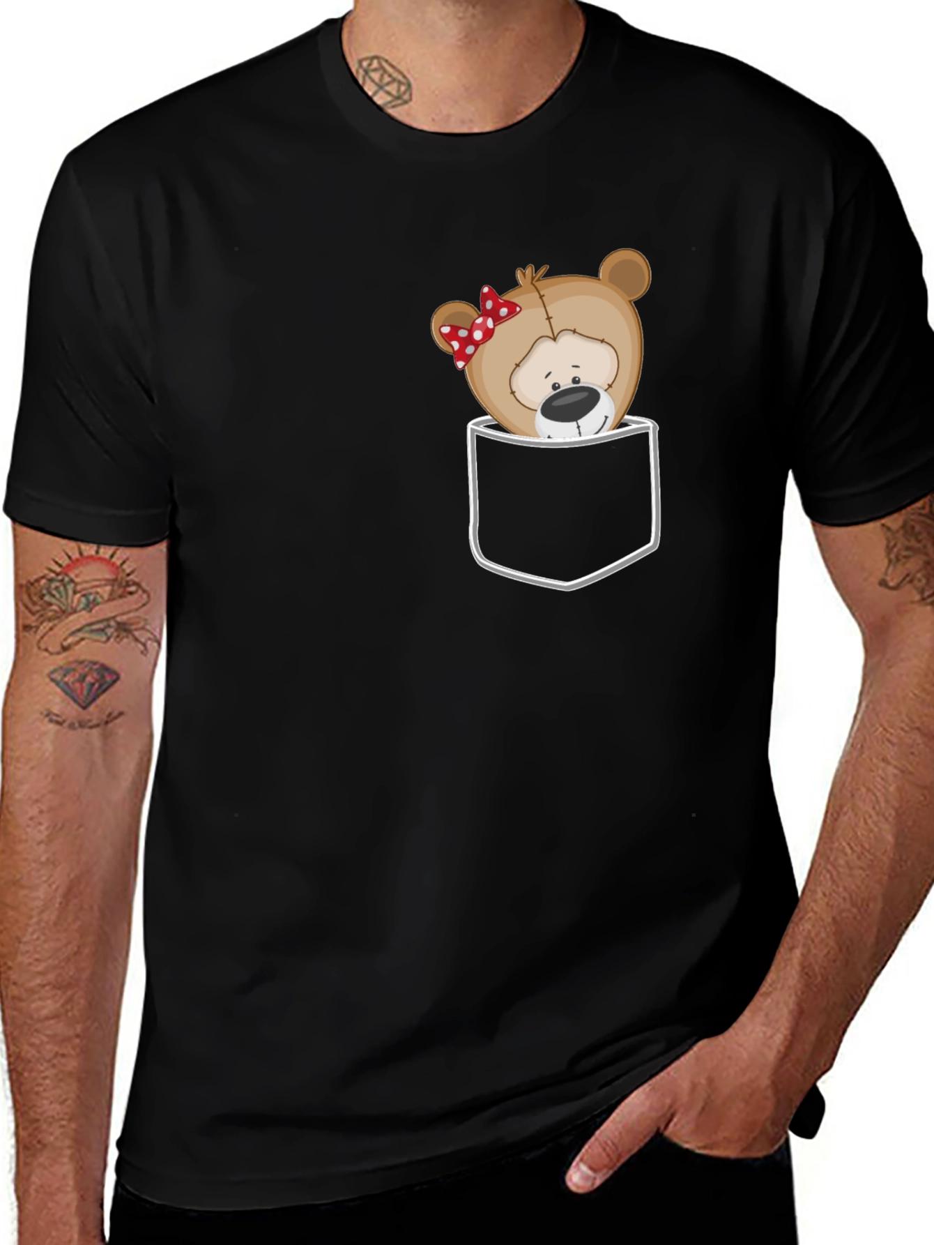 Cute Teddy Bear Pocket Print T-Shirt