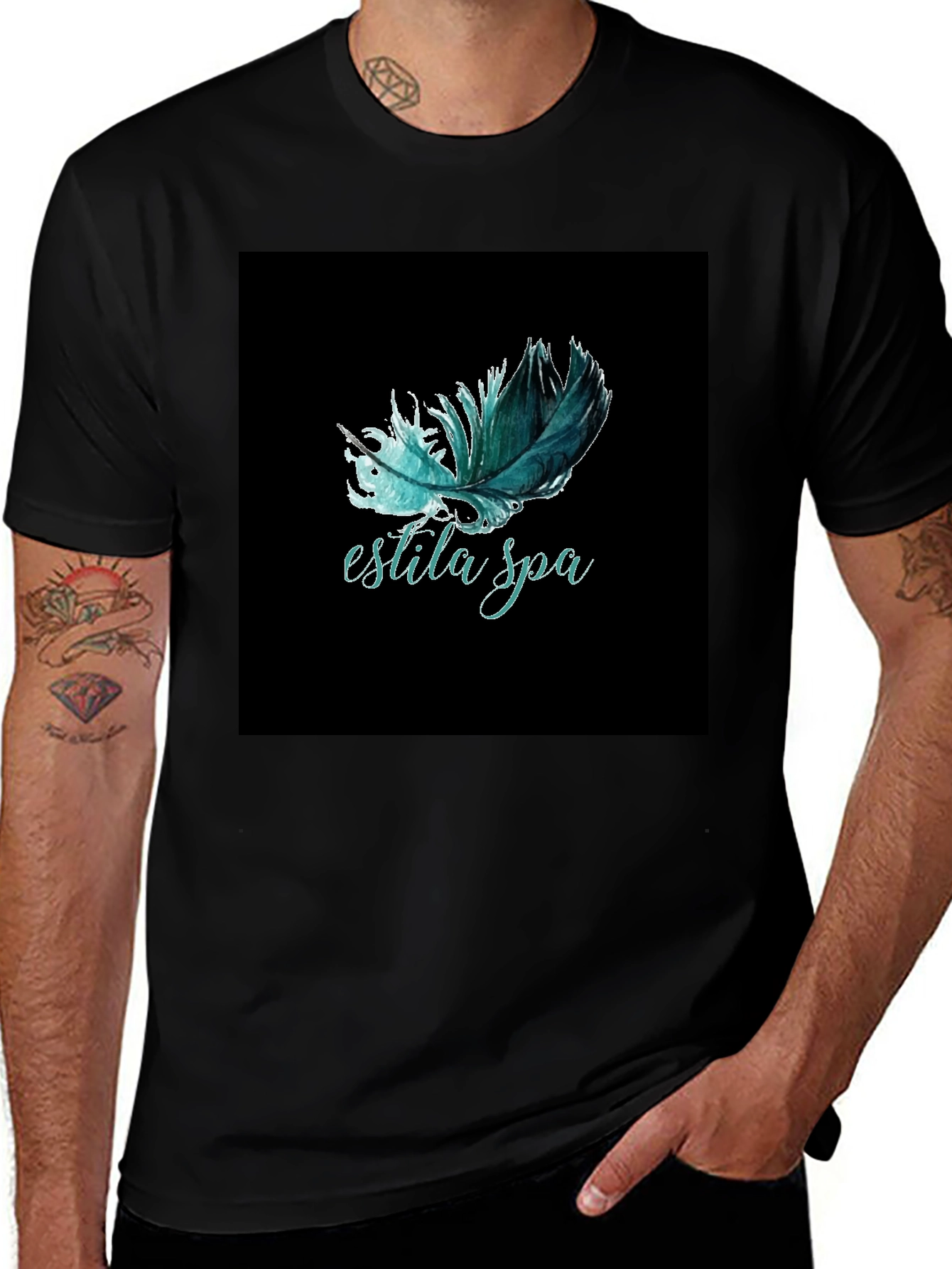 Variant 28 of Estila Spa Feather Graphic Tee - Unisex Black T-Shirt