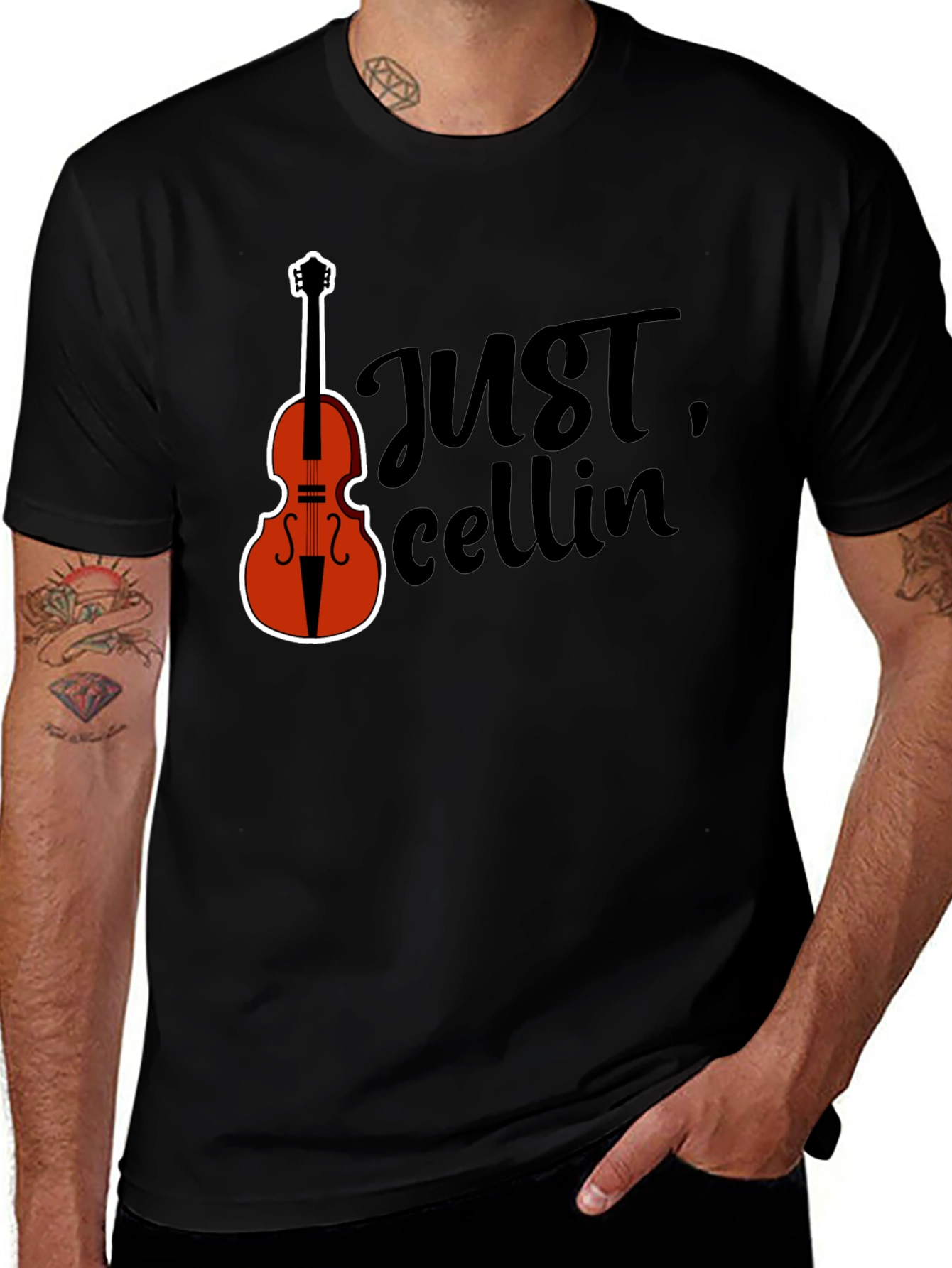 Variant 9 of Just Cellin' Black T-Shirt with Cello Graphic
