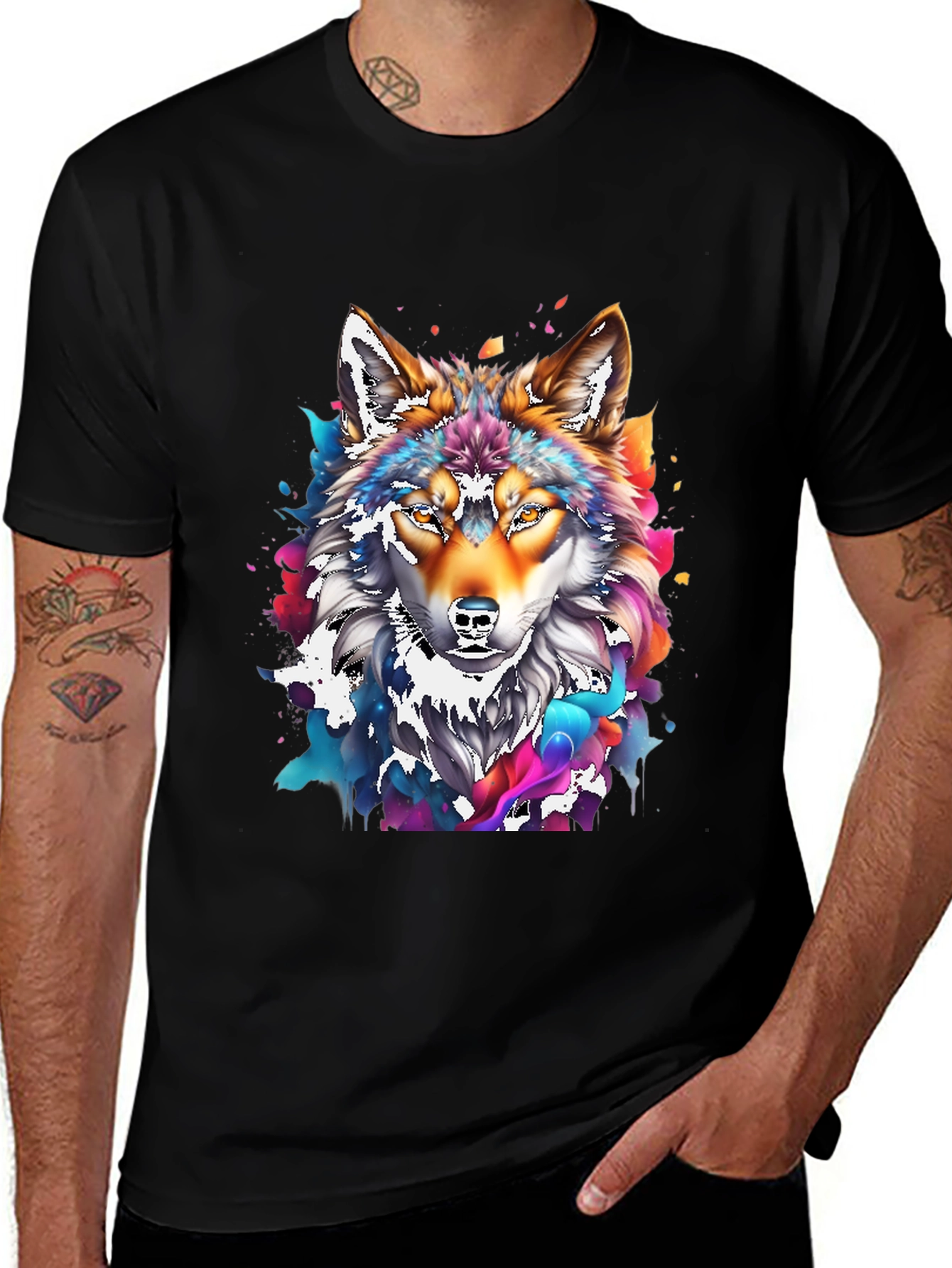 Variant 27 of Colorful Wolf Graphic Black T-Shirt