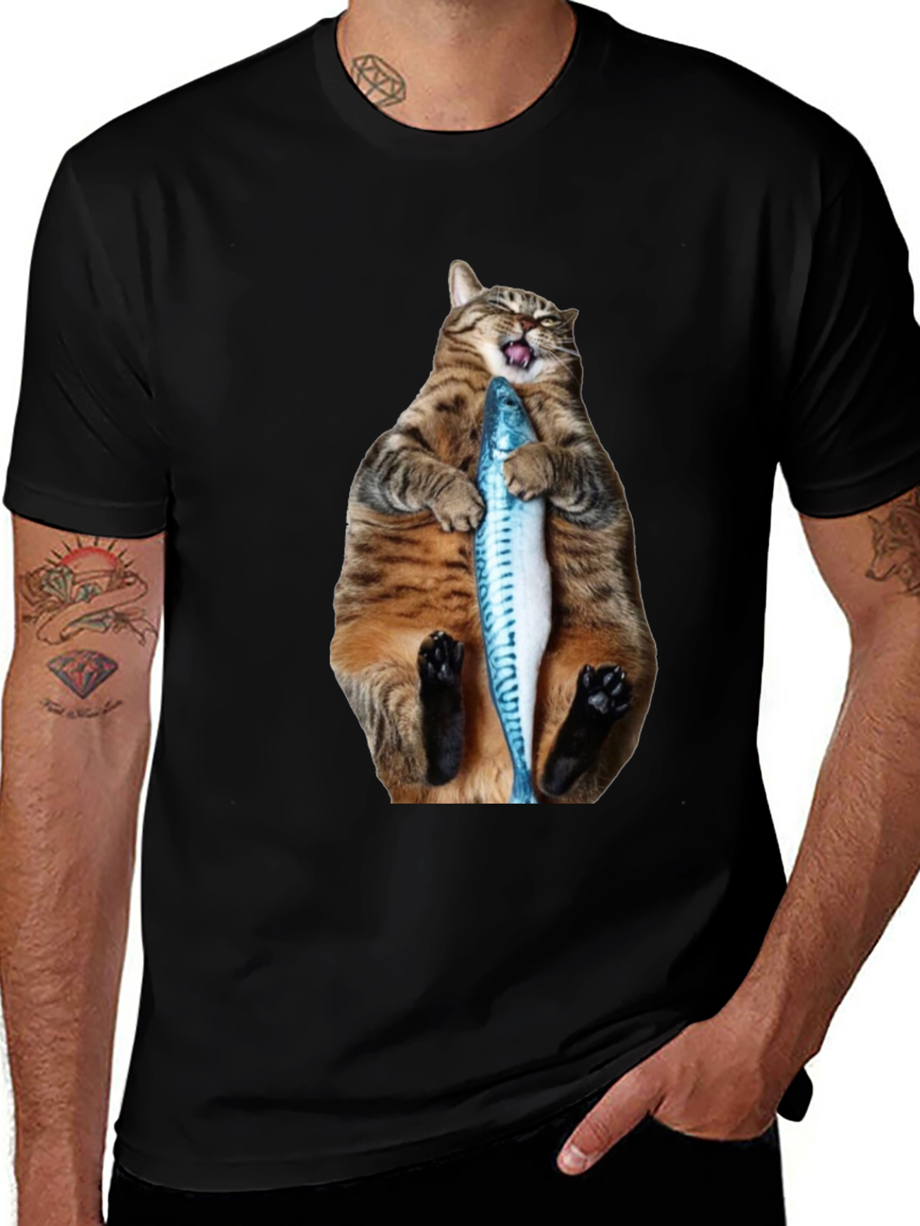 Variant 21 of Funny Cat Holding Fish Graphic Tee