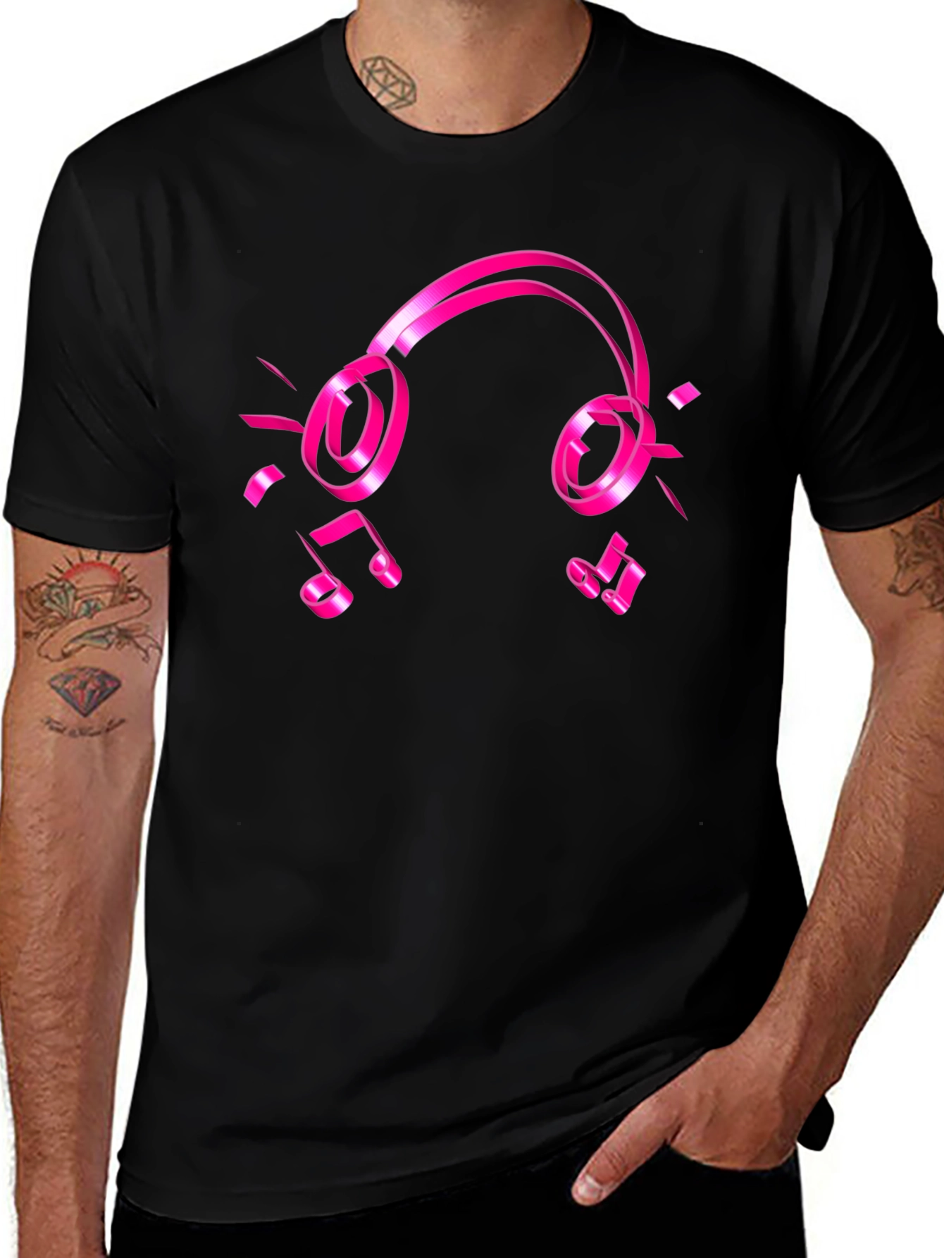 Black Black Tee with Pink Headphones and Music Notes Graphic main image