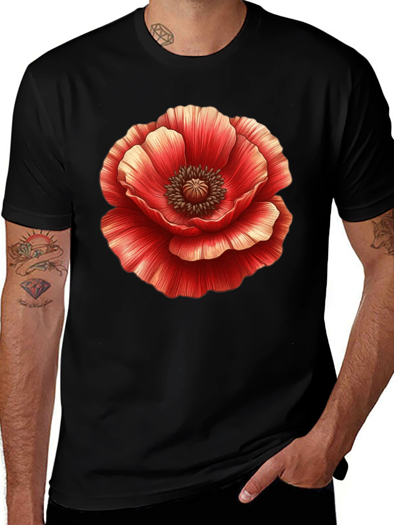 Variant 30 of Poppy Print Black Tee - Unique Floral Graphic T-Shirt