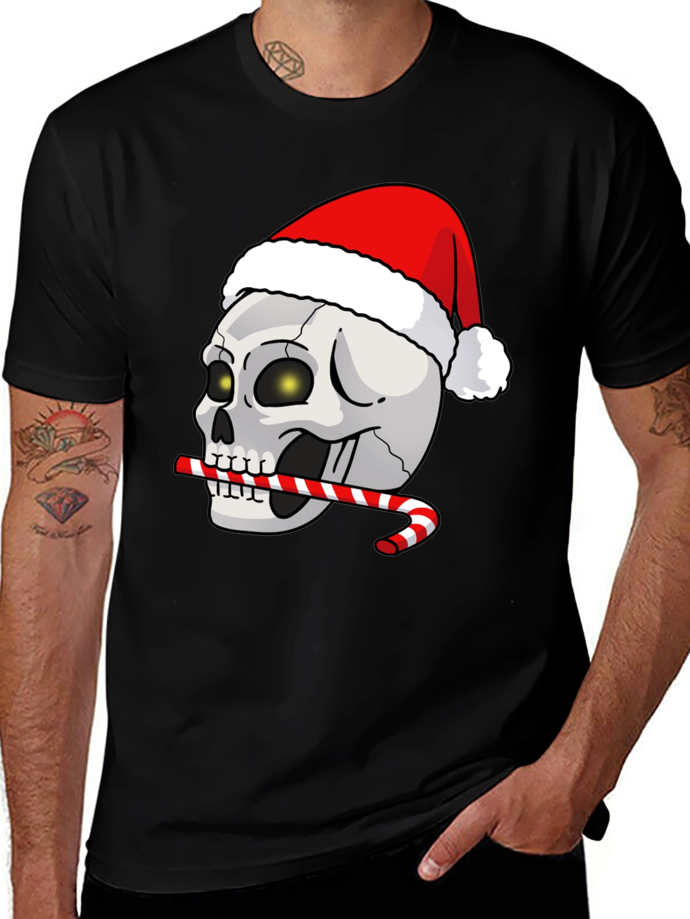 Variant 16 of Festive Skull T-Shirt: Santa Hat & Candy Cane