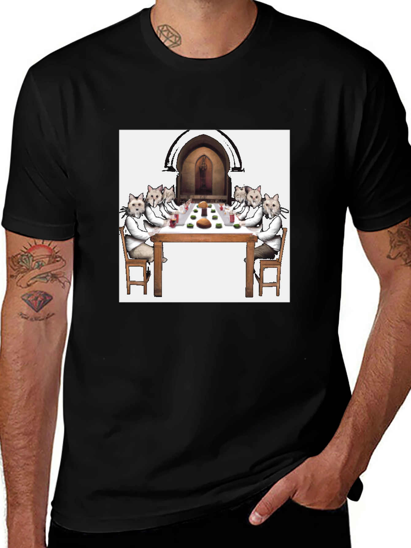 Variant 10 of Cat Supper Black T-Shirt - Unique Feline Dinner Party Design