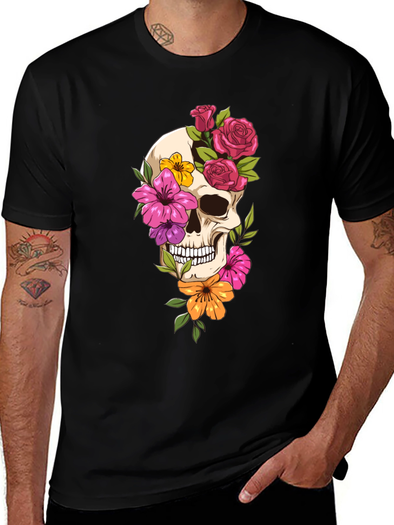 Variant 16 of Floral Skull Graphic T-Shirt - Mens