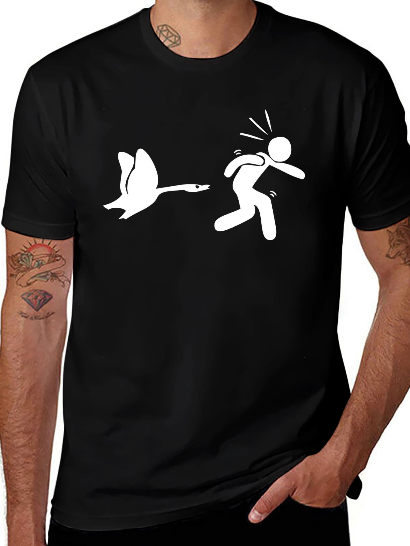 Variant 6 of Goose Chasing Stick Figure Funny Black T-Shirt
