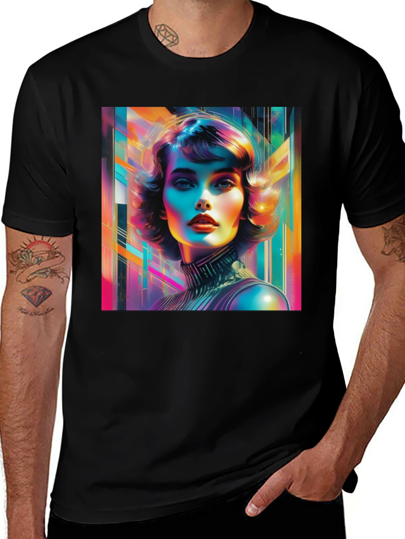 Variant 27 of Vivid Retro Woman Graphic Tee - Modern Art Style