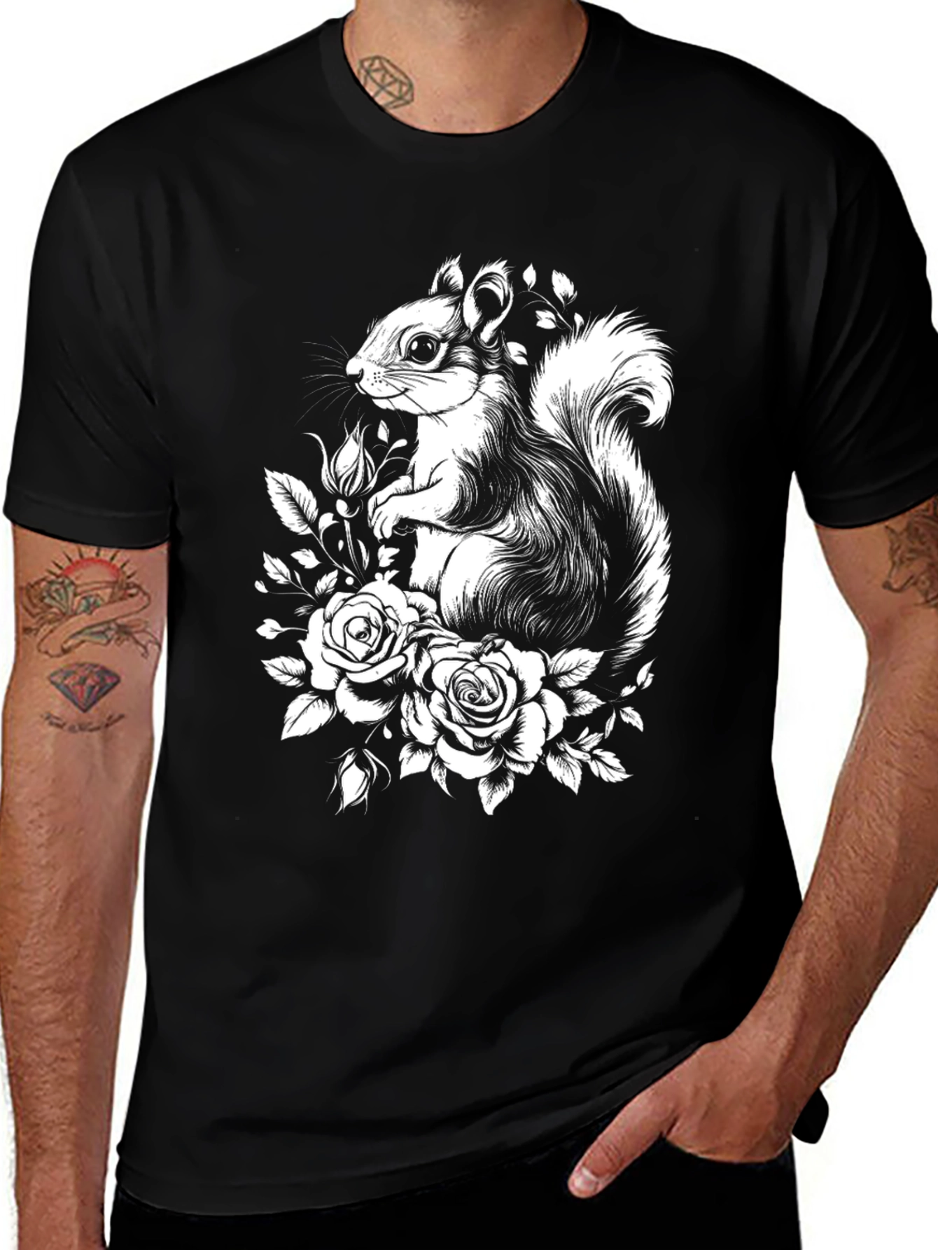 Variant 10 of Squirrel and Roses Graphic Tee - Black T-Shirt