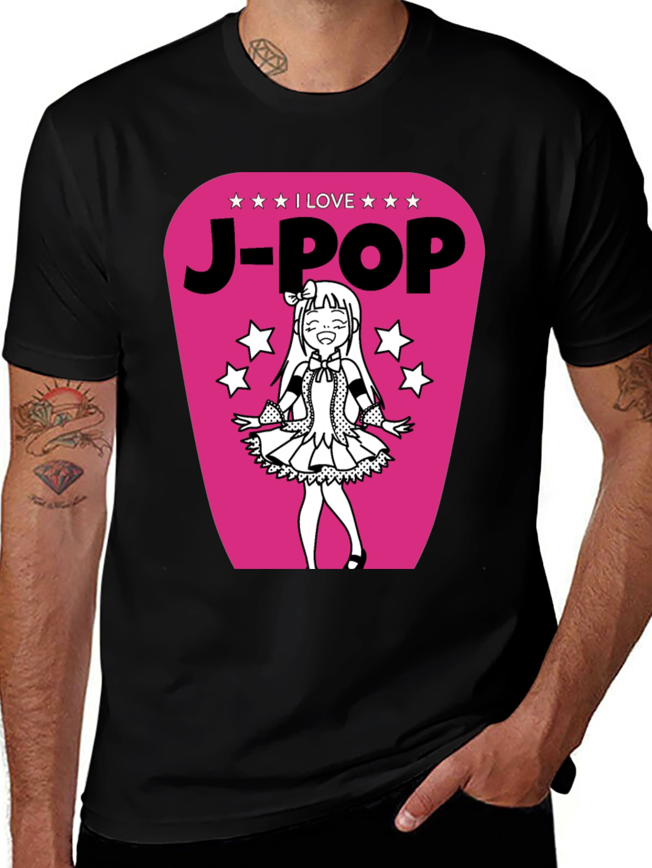I Love J-Pop Black T-Shirt with Anime Girl Graphic