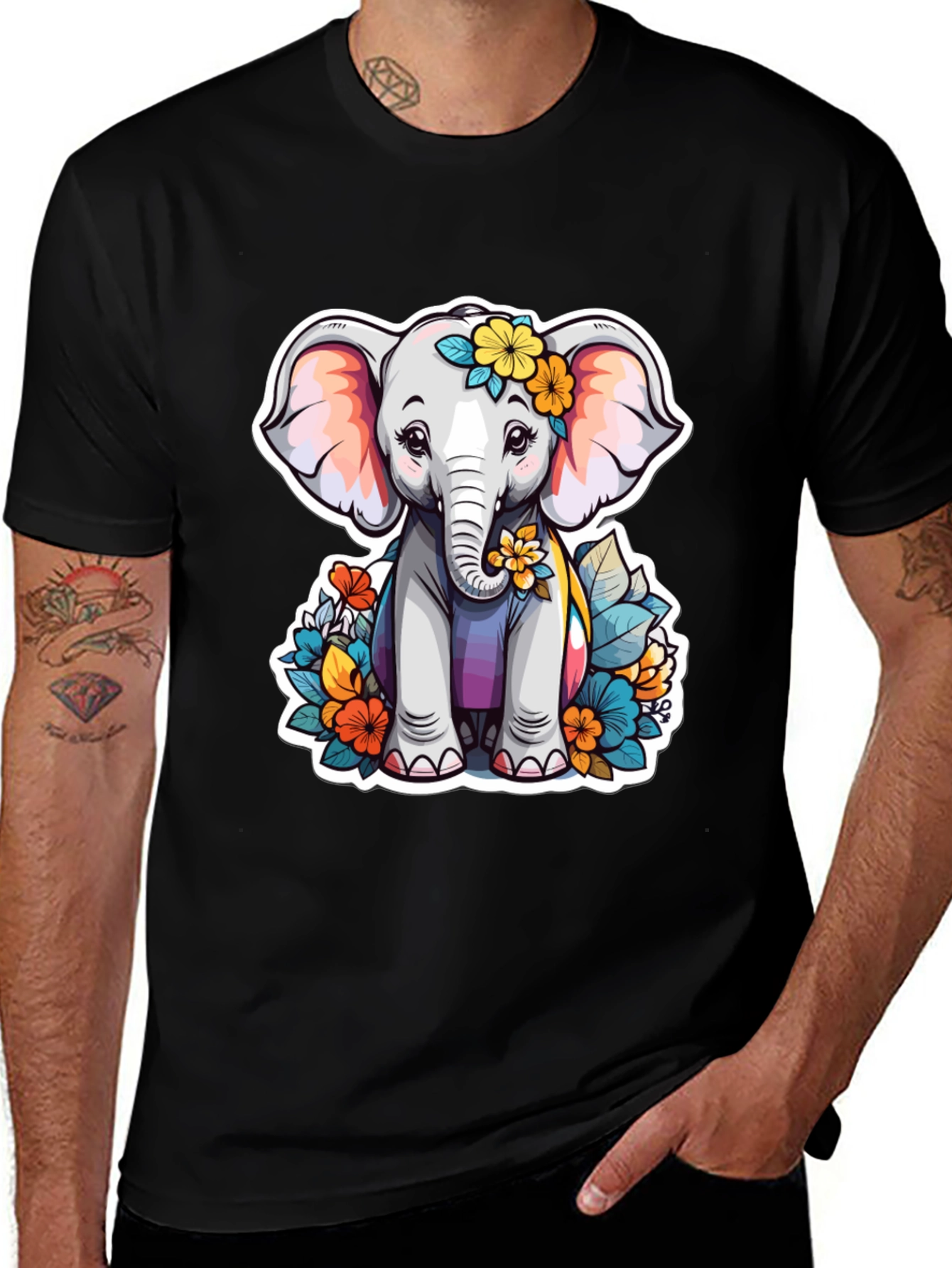 Variant 11 of Cute Elephant Floral T-Shirt - Unisex Black Tee