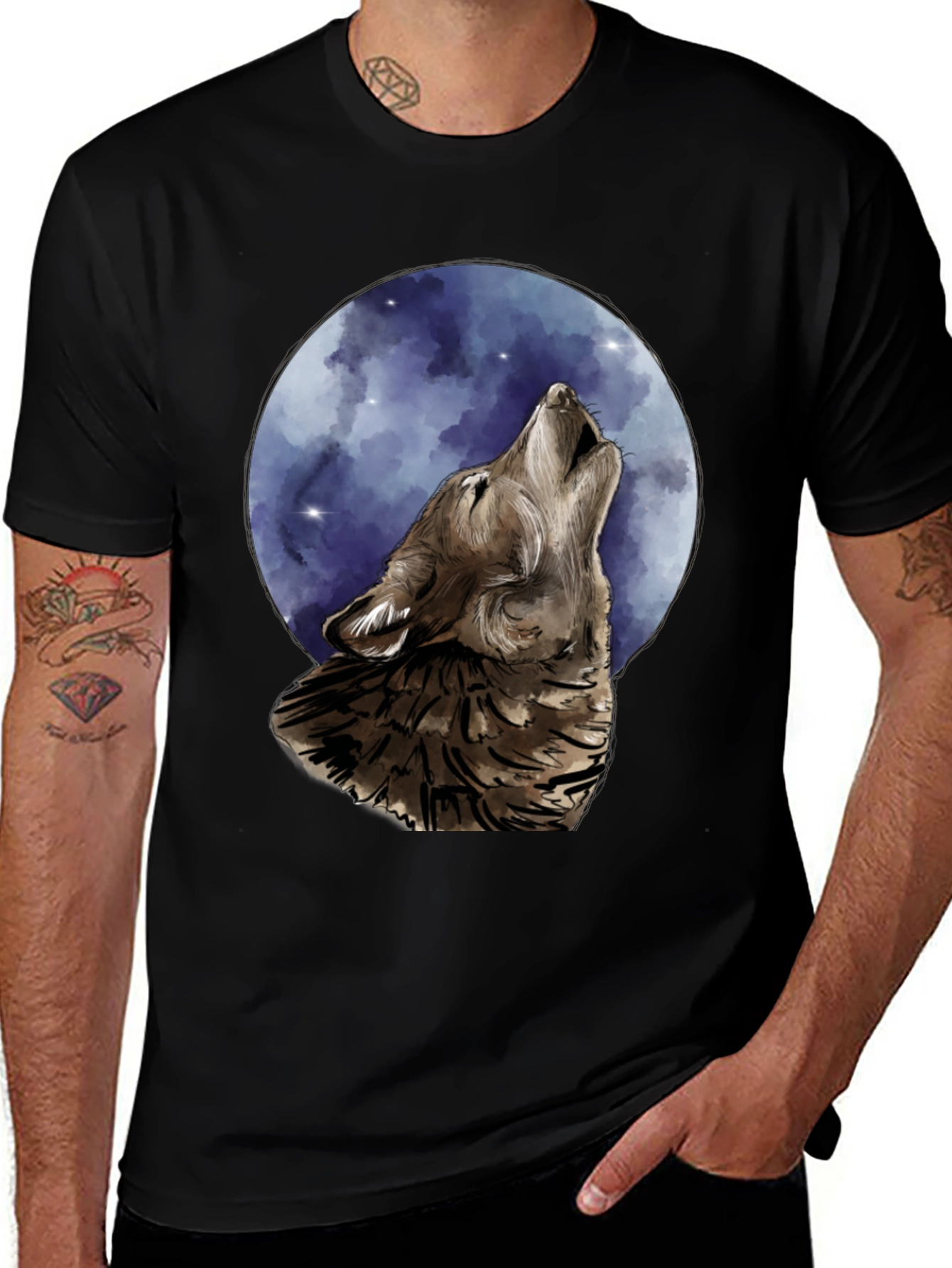 Variant 17 of Wolf Howling at Moon Graphic Tee - Black