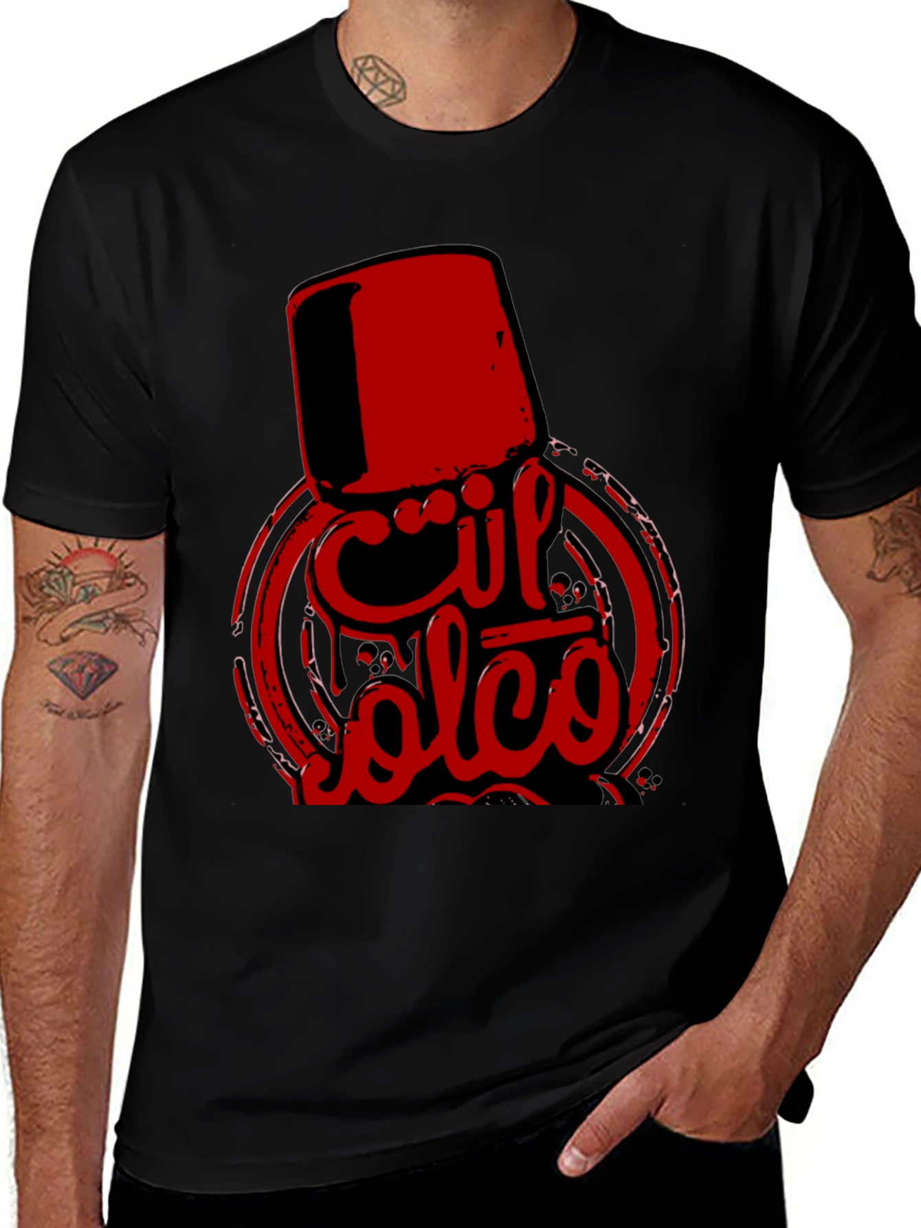 Variant 16 of Men's Black T-Shirt with Red Hat & Arabic Text Graphic