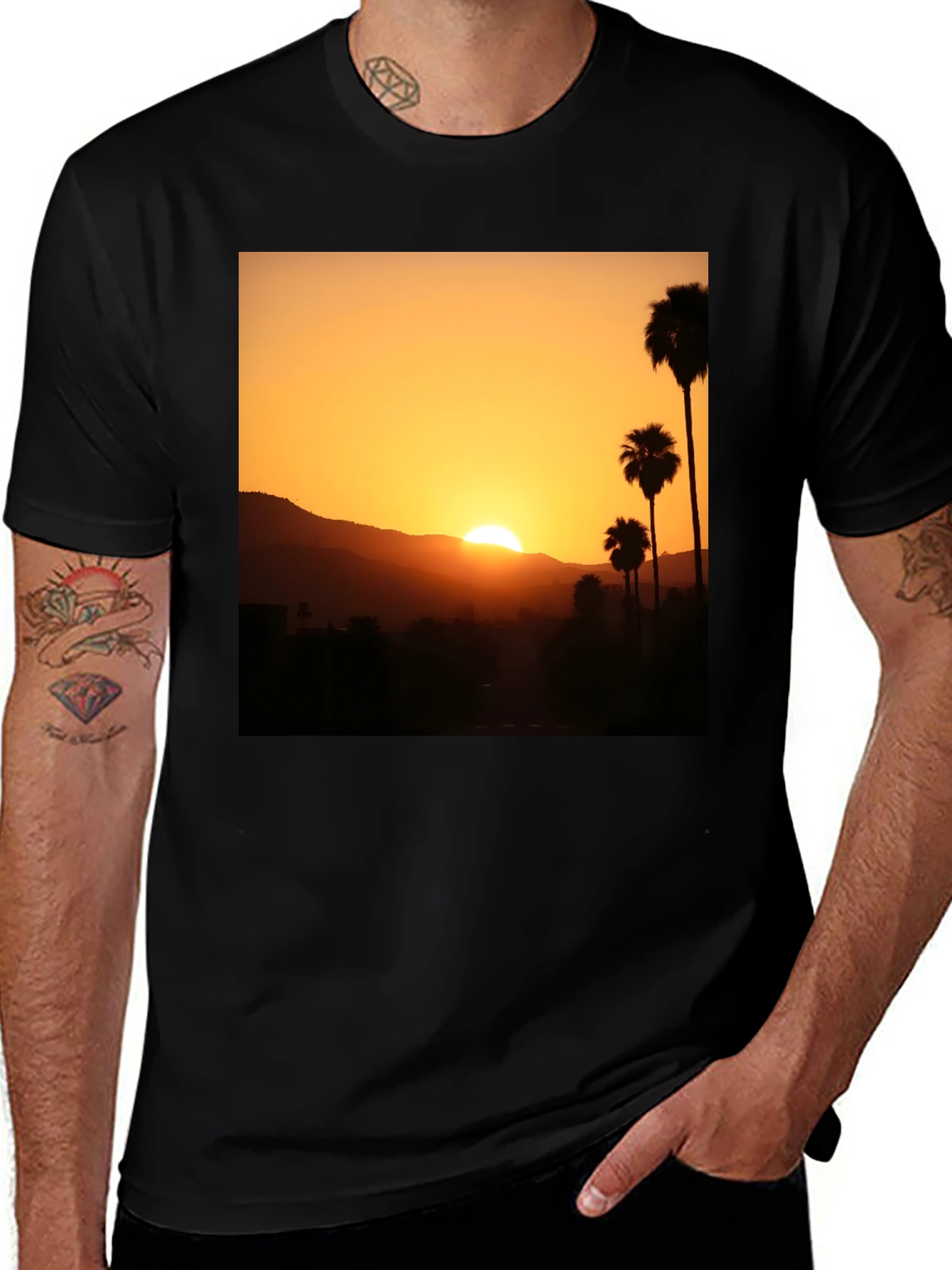 Variant 2 of Sunset Palm Tree Graphic T-Shirt - Stylish Black Tee