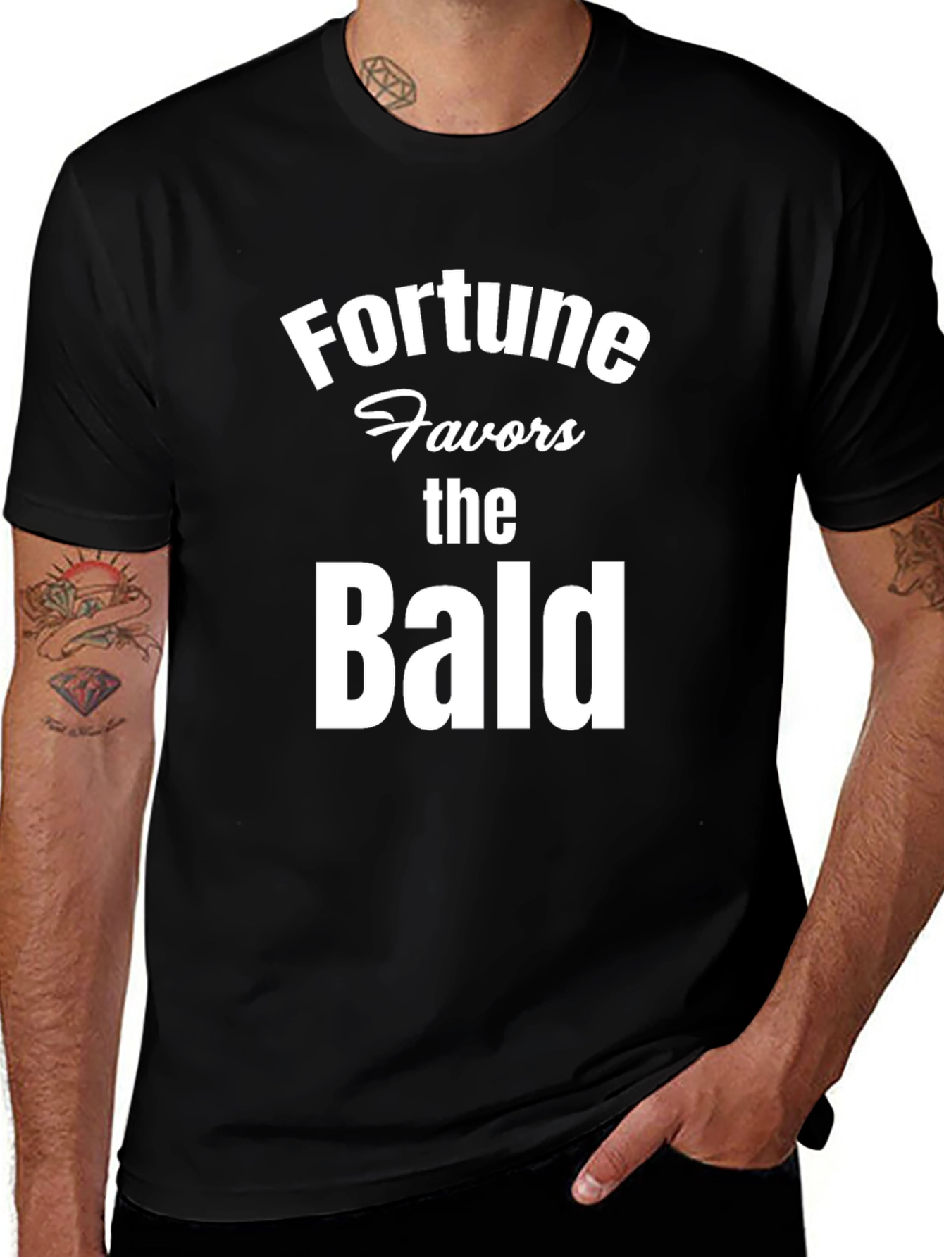 Variant 26 of Fortune Favors the Bald Black T-Shirt