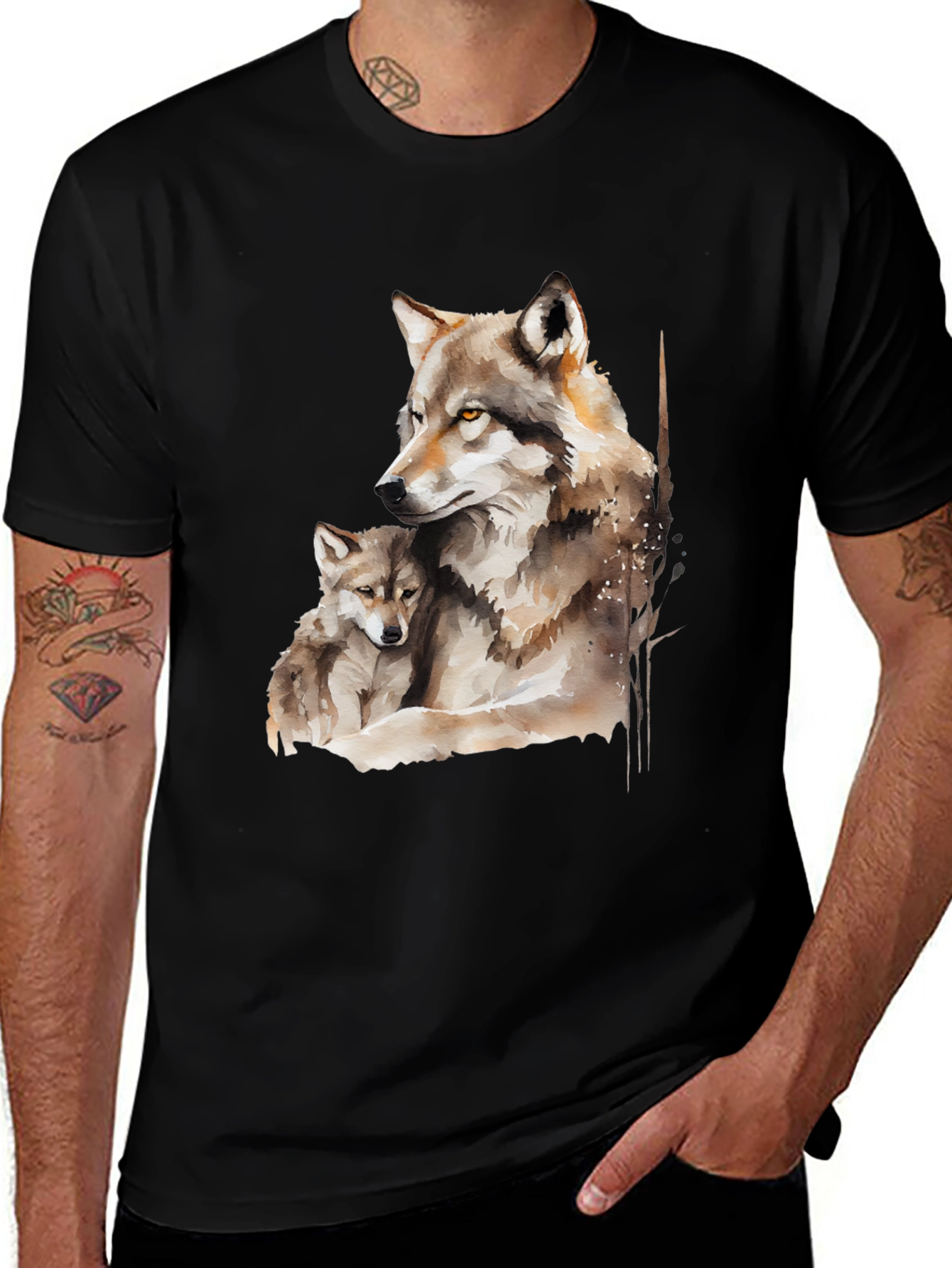 Variant 23 of Wolf & Cub Watercolor Graphic Tee - Black Cotton Shirt