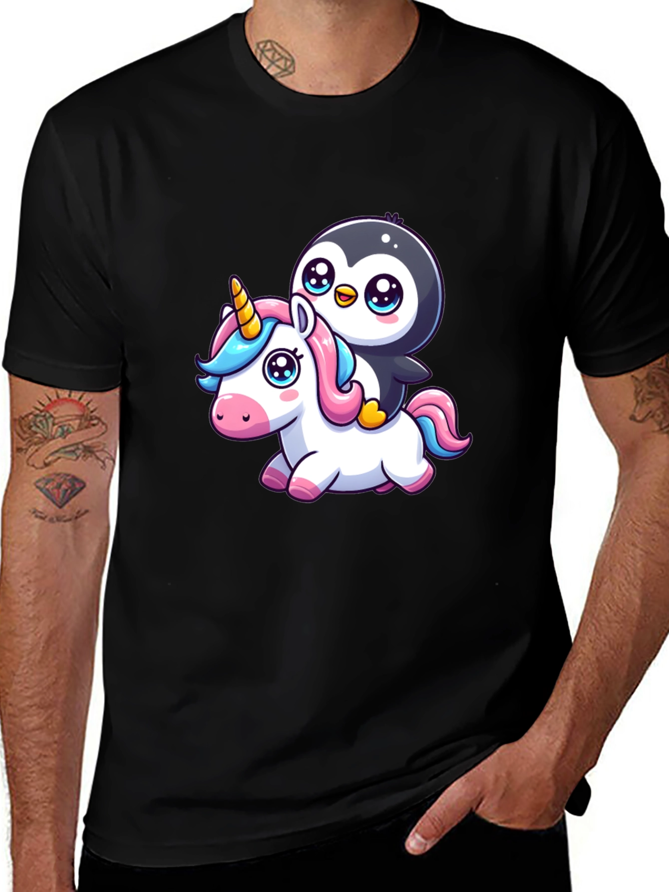Black Penguin Riding Unicorn Graphic Tee main image