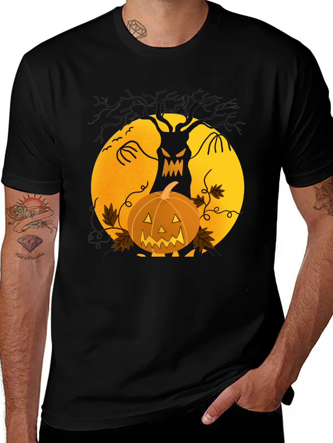 Halloween Tree & Pumpkin Black T-Shirt