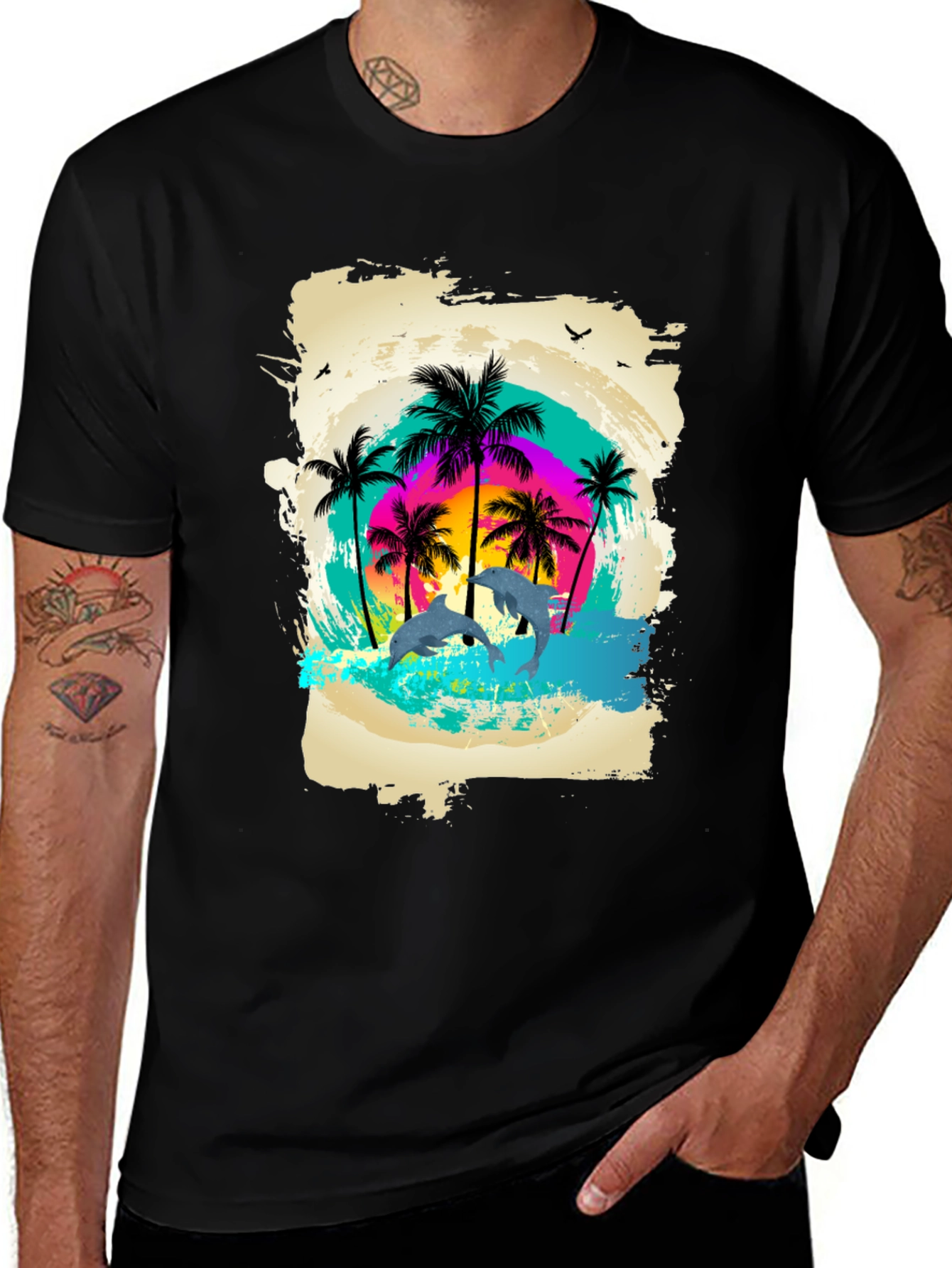 Variant 30 of Tropical Dolphin Palm Tree Graphic Tee