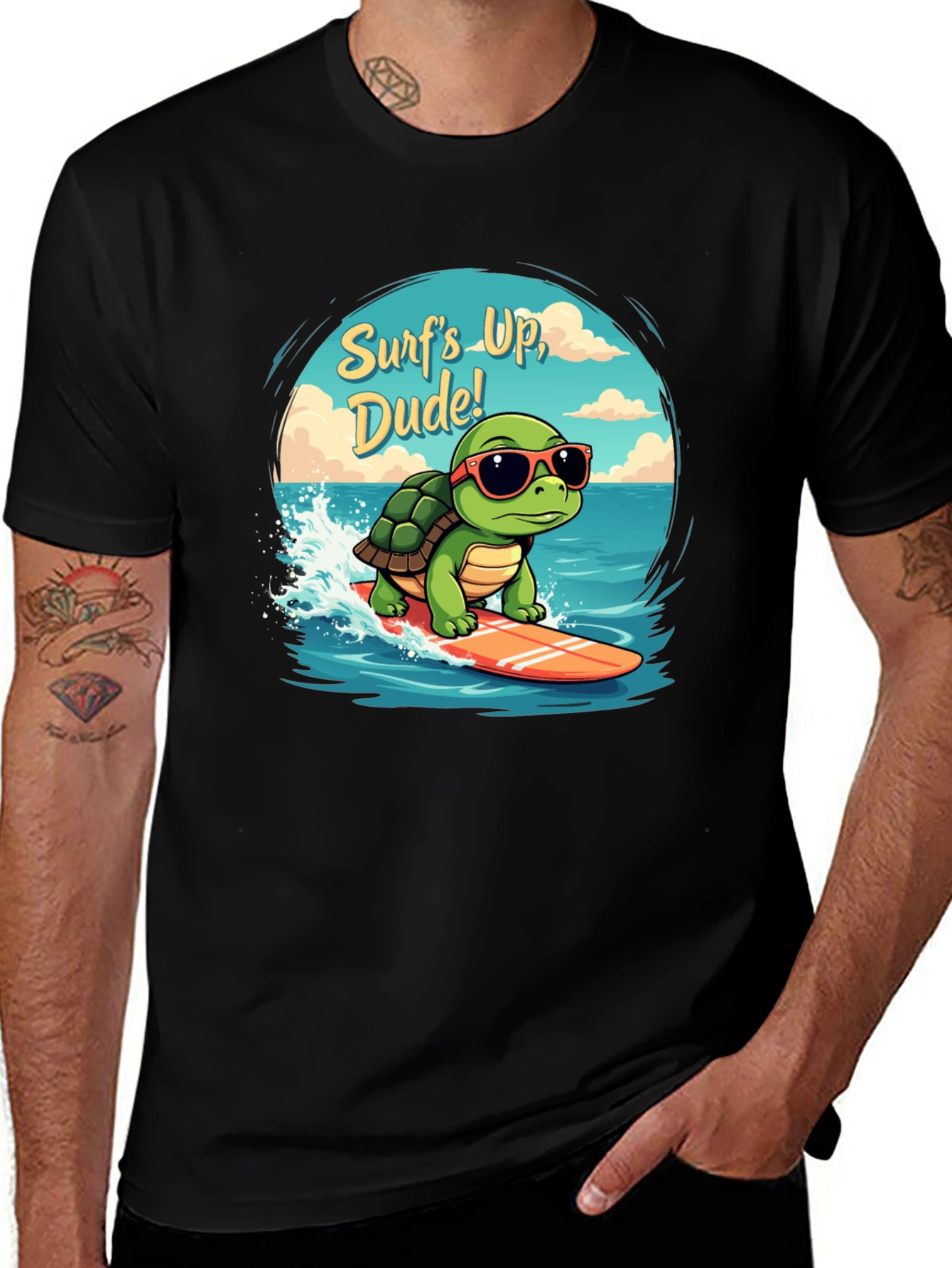 Variant 7 of Surfing Turtle Graphic T-Shirt - Surf's Up, Dude!