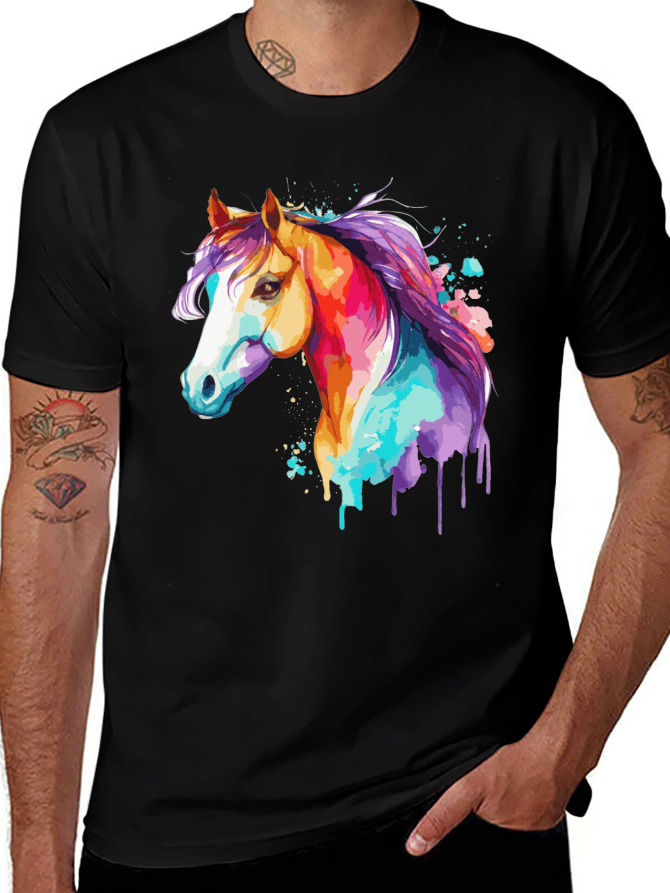 Variant 29 of Vibrant Watercolor Horse Graphic Black T-Shirt