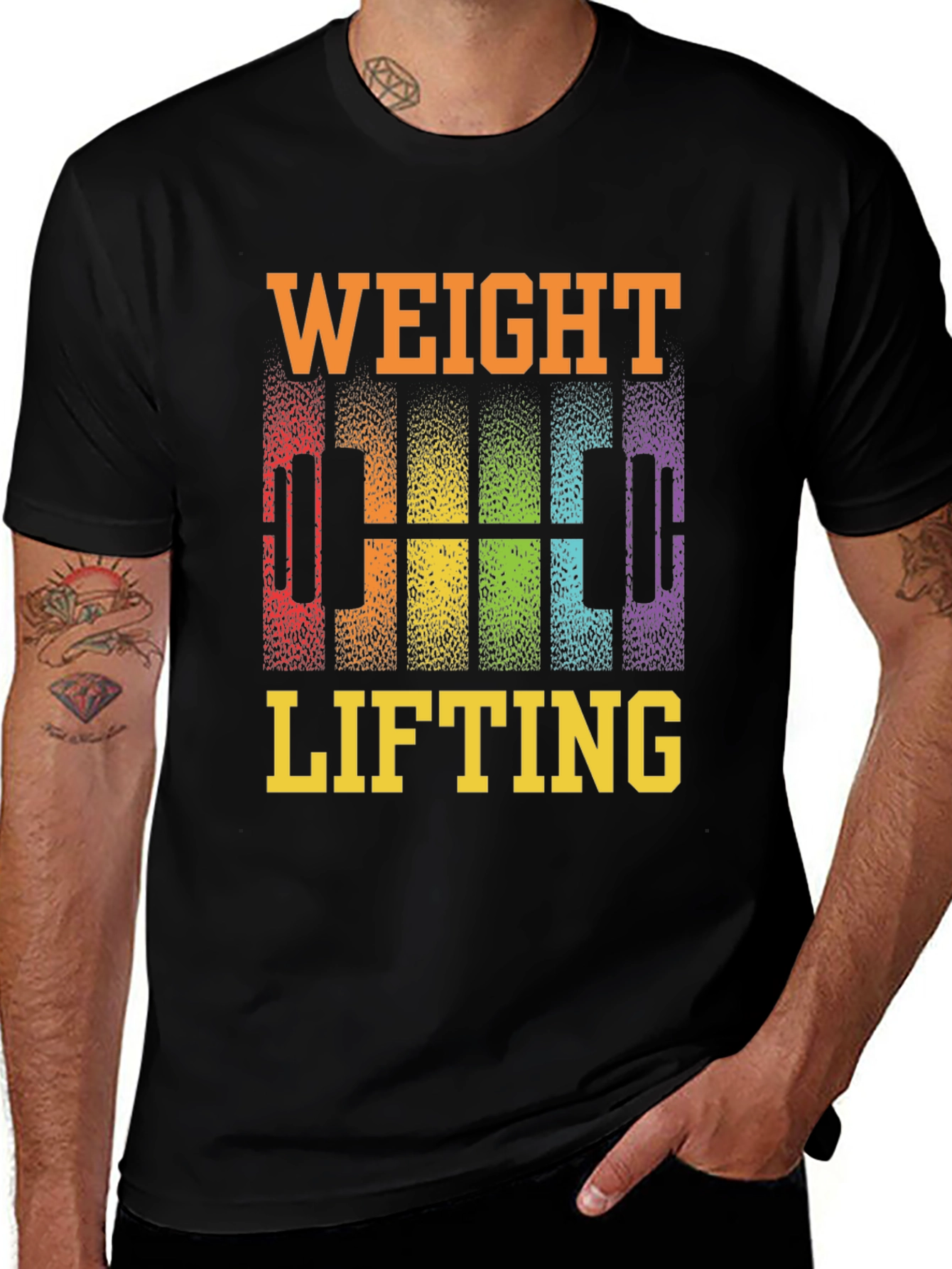 Variant 12 of Weight Lifting Rainbow Barbell Black T-Shirt