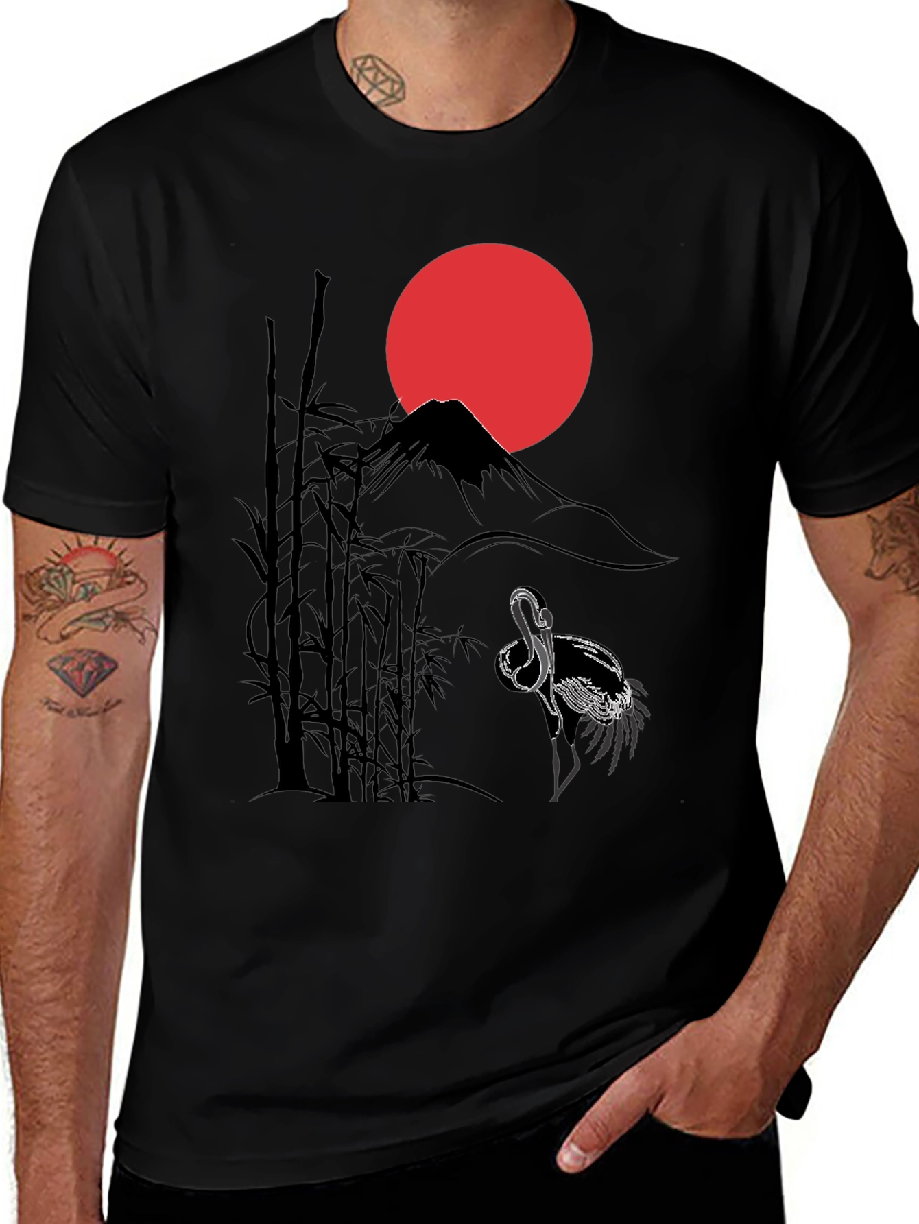 Variant 24 of Japanese Crane T-Shirt - Red Sun, Mountain, Bamboo Design
