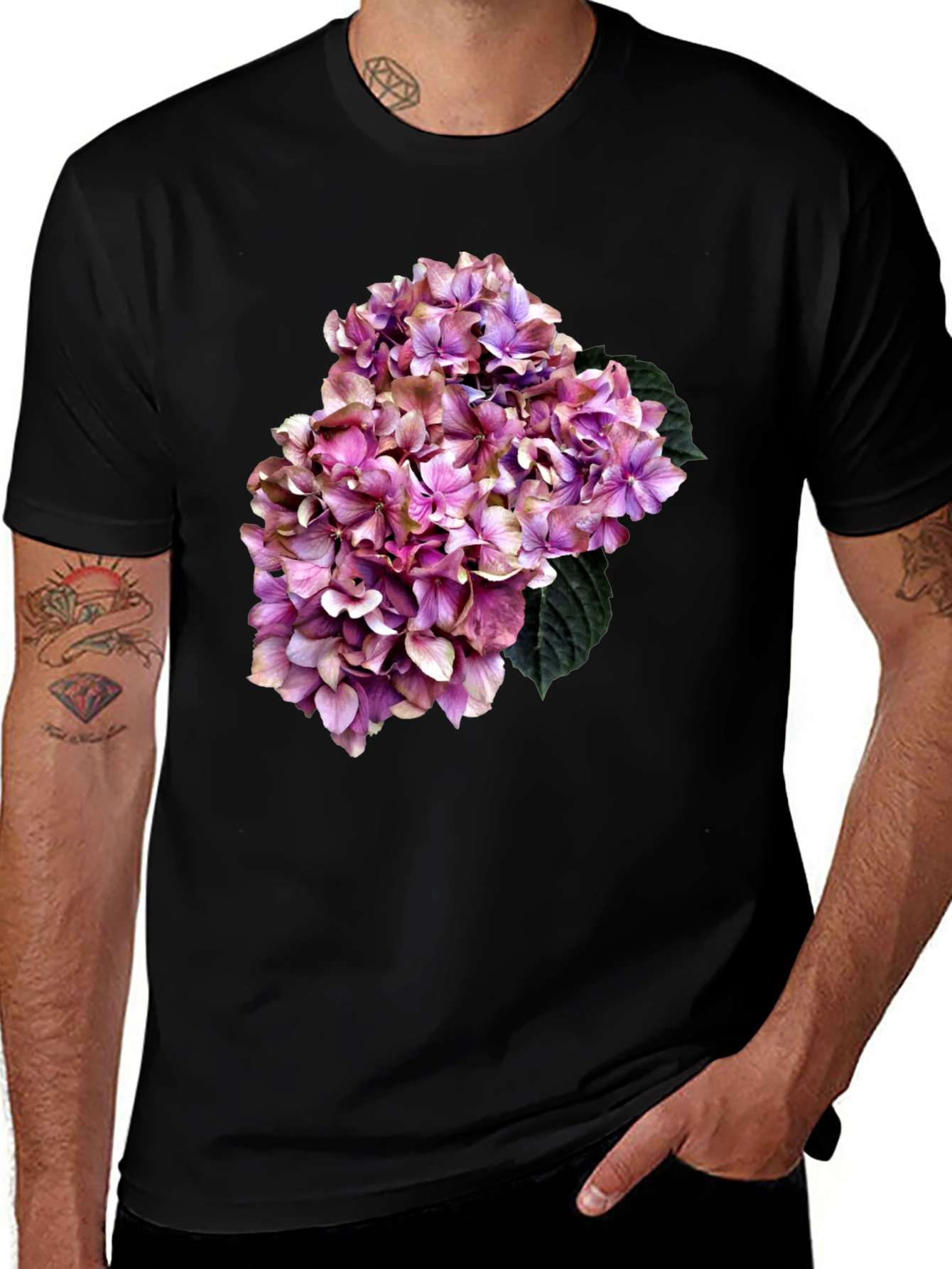Variant 26 of Floral Hydrangea Graphic Tee - Black Cotton T-Shirt