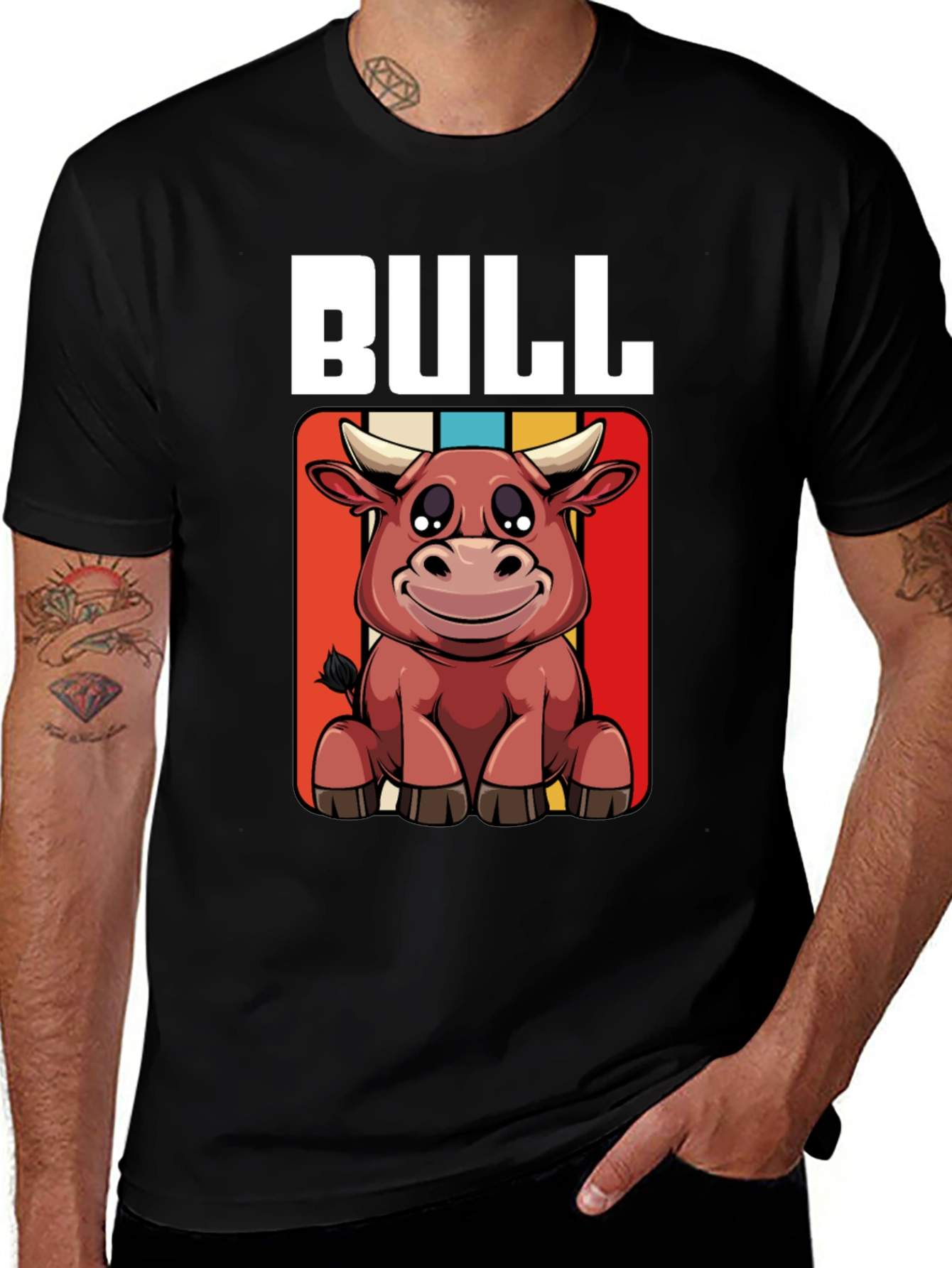 Variant 20 of Bull Cartoon Graphic Tee - Black Cotton T-Shirt