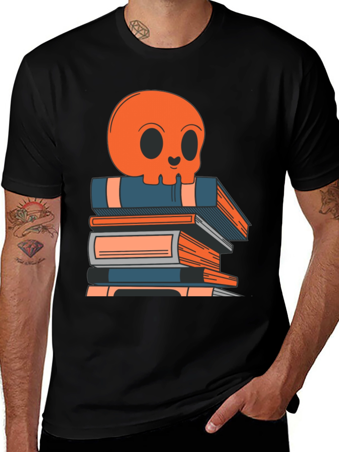 Variant 30 of Skull on Books Graphic Tee - Black Cotton T-Shirt