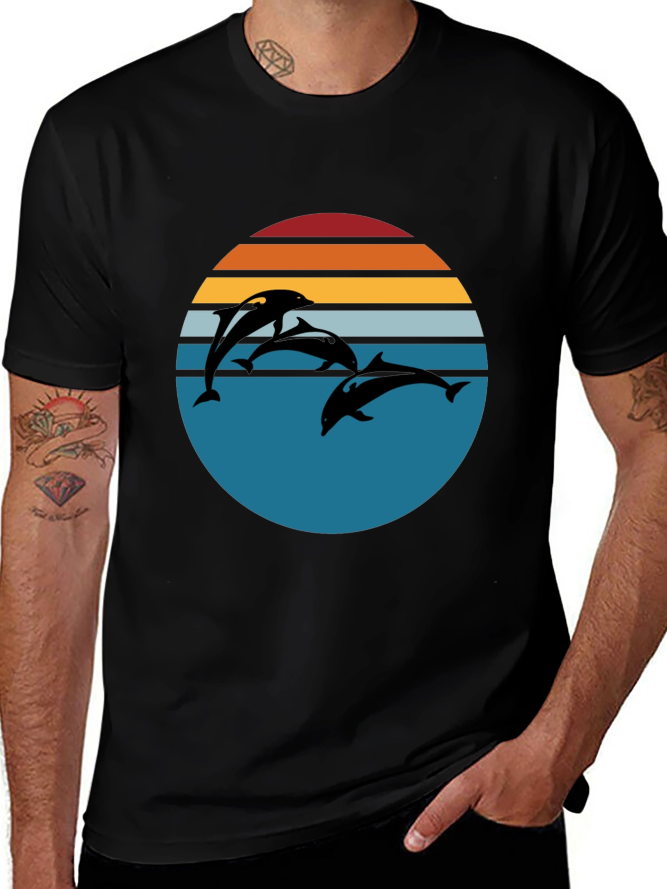 Variant 10 of Dolphin Sunset Graphic Tee - Retro Style Black T-Shirt