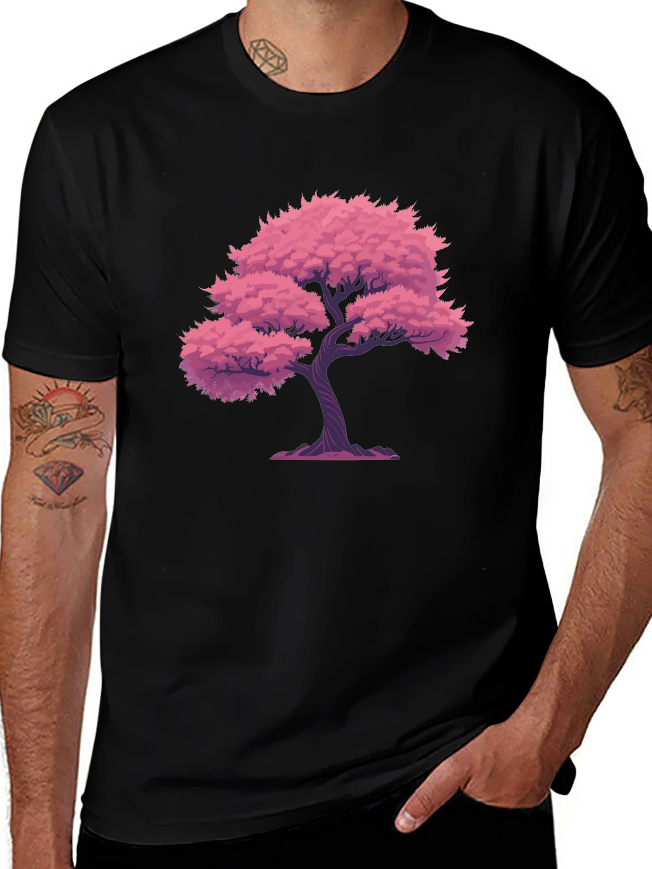Pink Tree Graphic Black T-Shirt