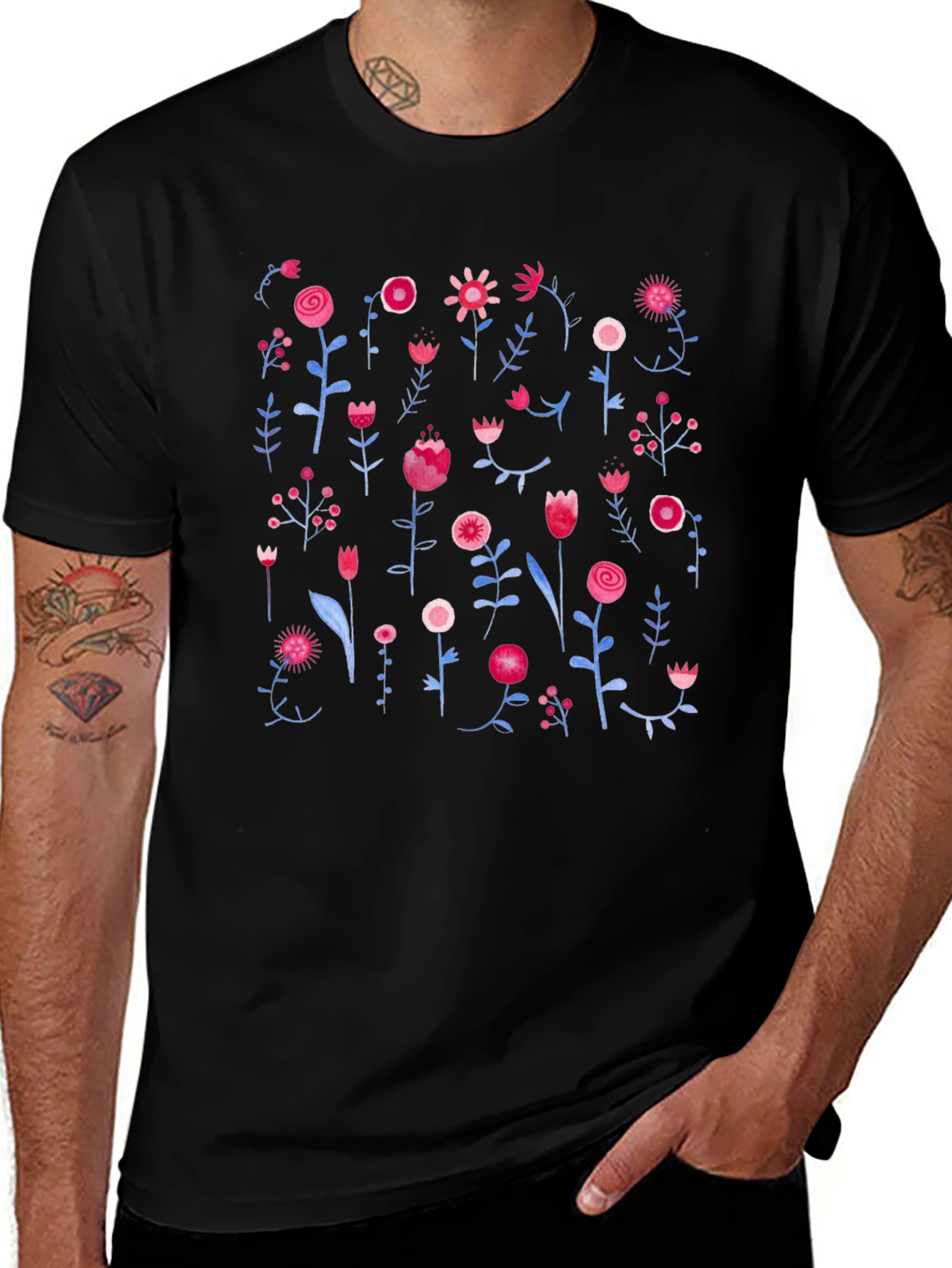 Variant 12 of Floral Print Black Crewneck T-Shirt