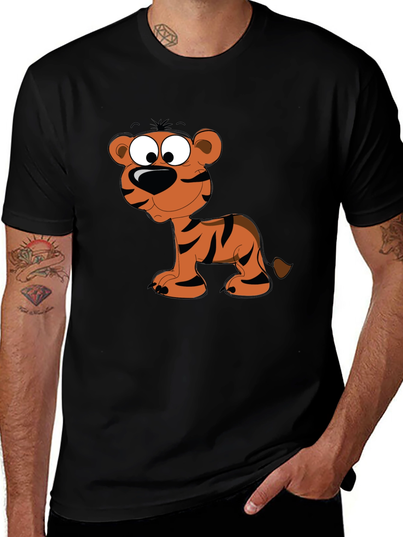 Variant 15 of Cartoon Tiger Graphic Tee - Black Cotton T-Shirt