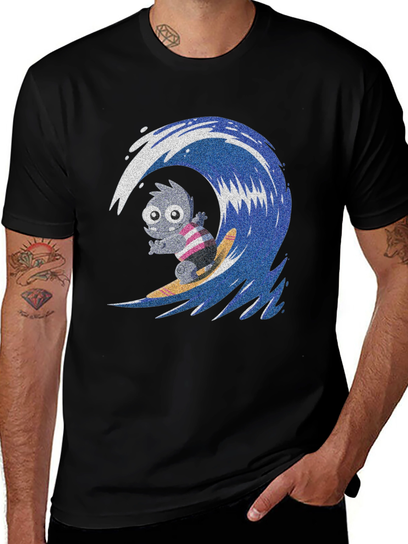 Surfing Monster Graphic Tee - Cool Black T-Shirt