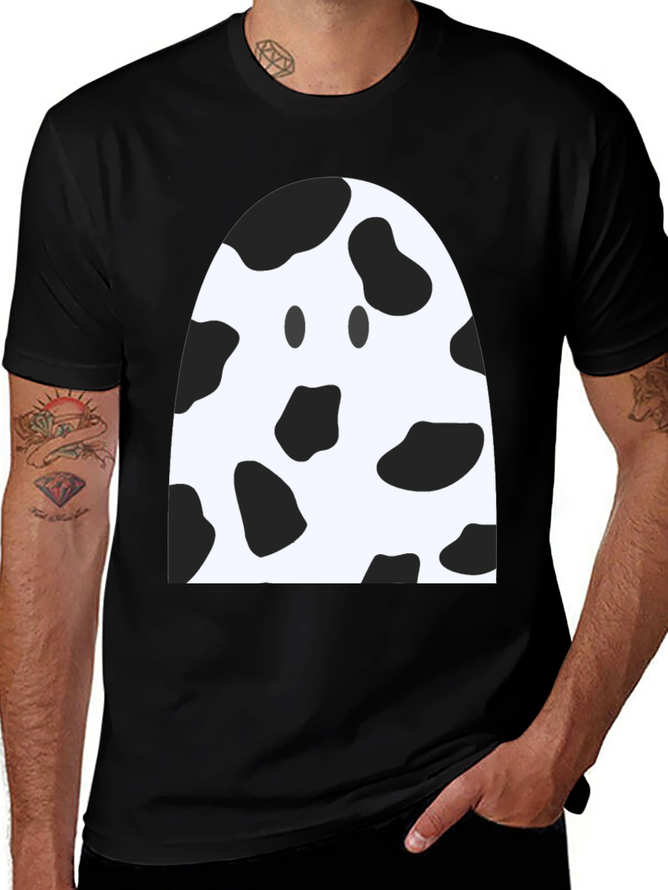 Variant 30 of Cow Print Ghost Tee - Black Cotton Spooky Season Shirt