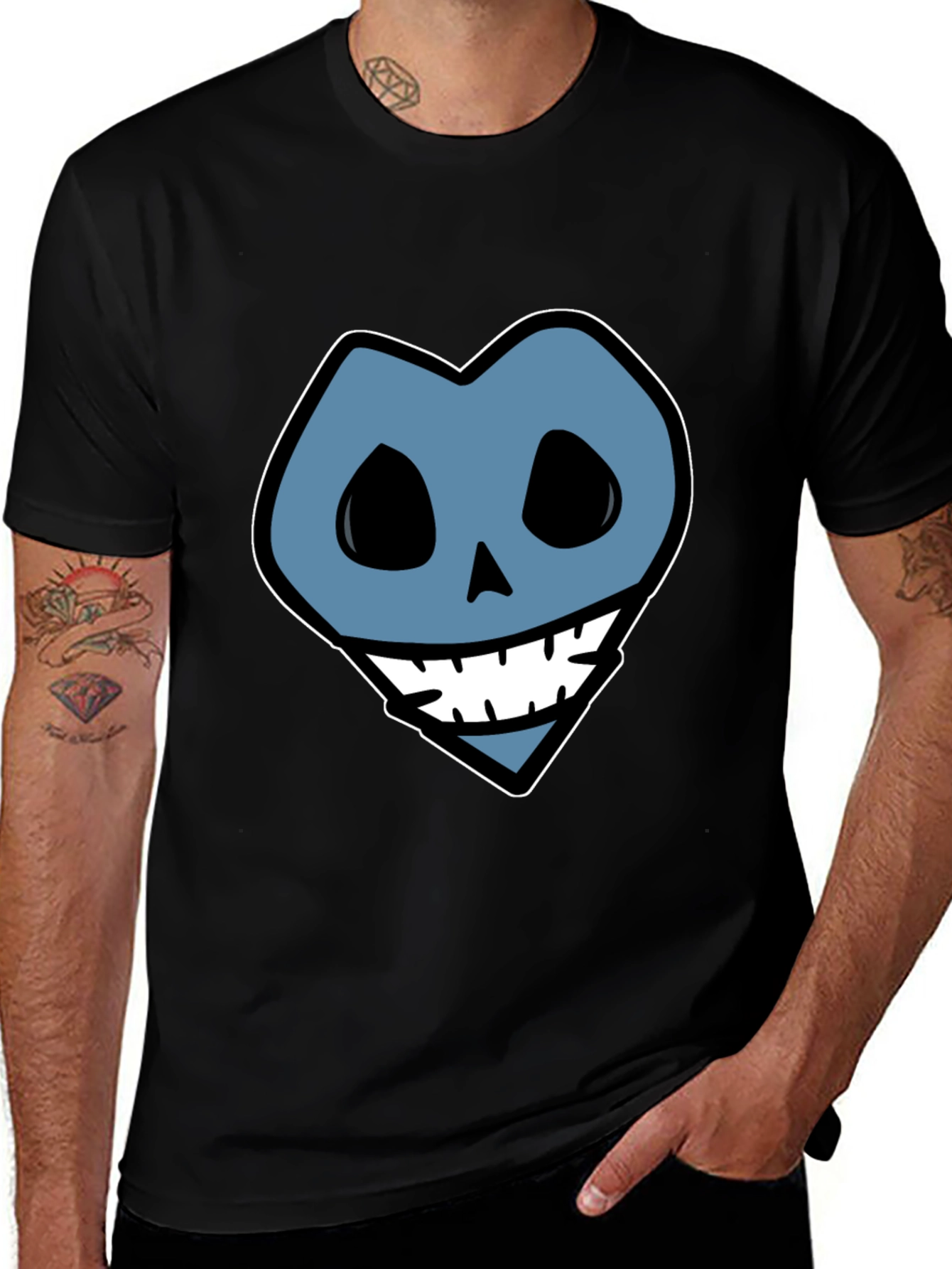 Variant 17 of Blue Heart Skull Graphic Print Black T-Shirt