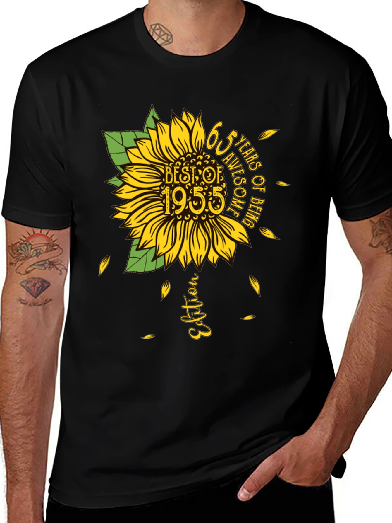 Vintage 1955 Sunflower 65th Birthday Black T-Shirt